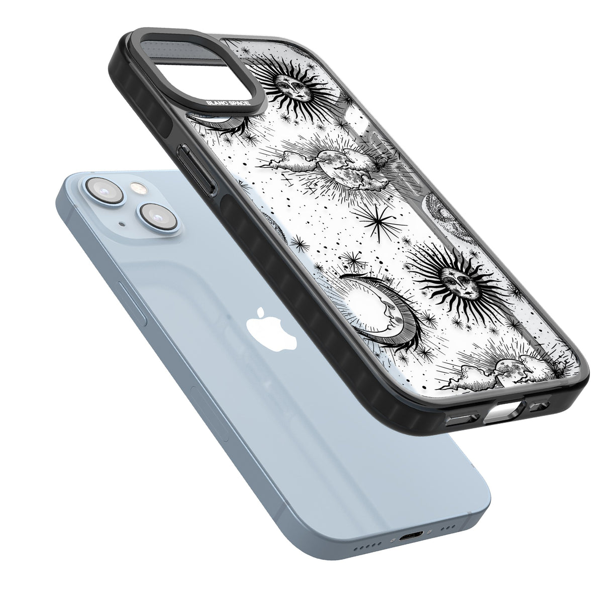 Suns, Moons & Clouds iPhone 12 / 12 Pro / iPhone 13 / iPhone 14 / iPhone 14 Plus / iPhone 15 / iPhone 15 Plus Impact Black Phone Case angled