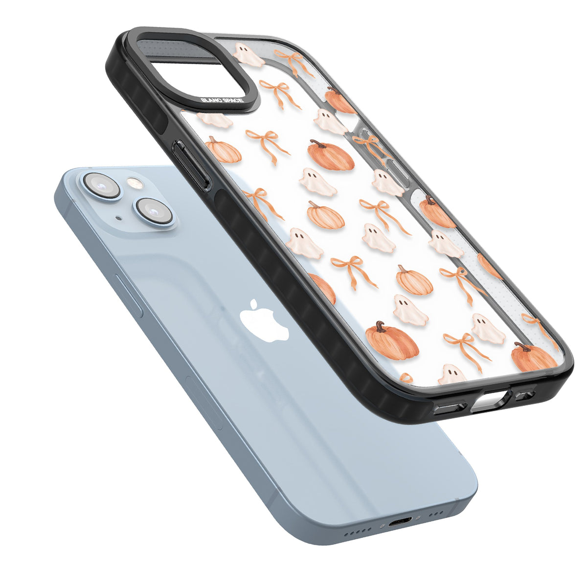 Bows, Ghosts & Pumpkins iPhone 12 / 12 Pro / iPhone 13 / iPhone 14 / iPhone 14 Plus / iPhone 15 / iPhone 15 Plus Impact Black Phone Case angled