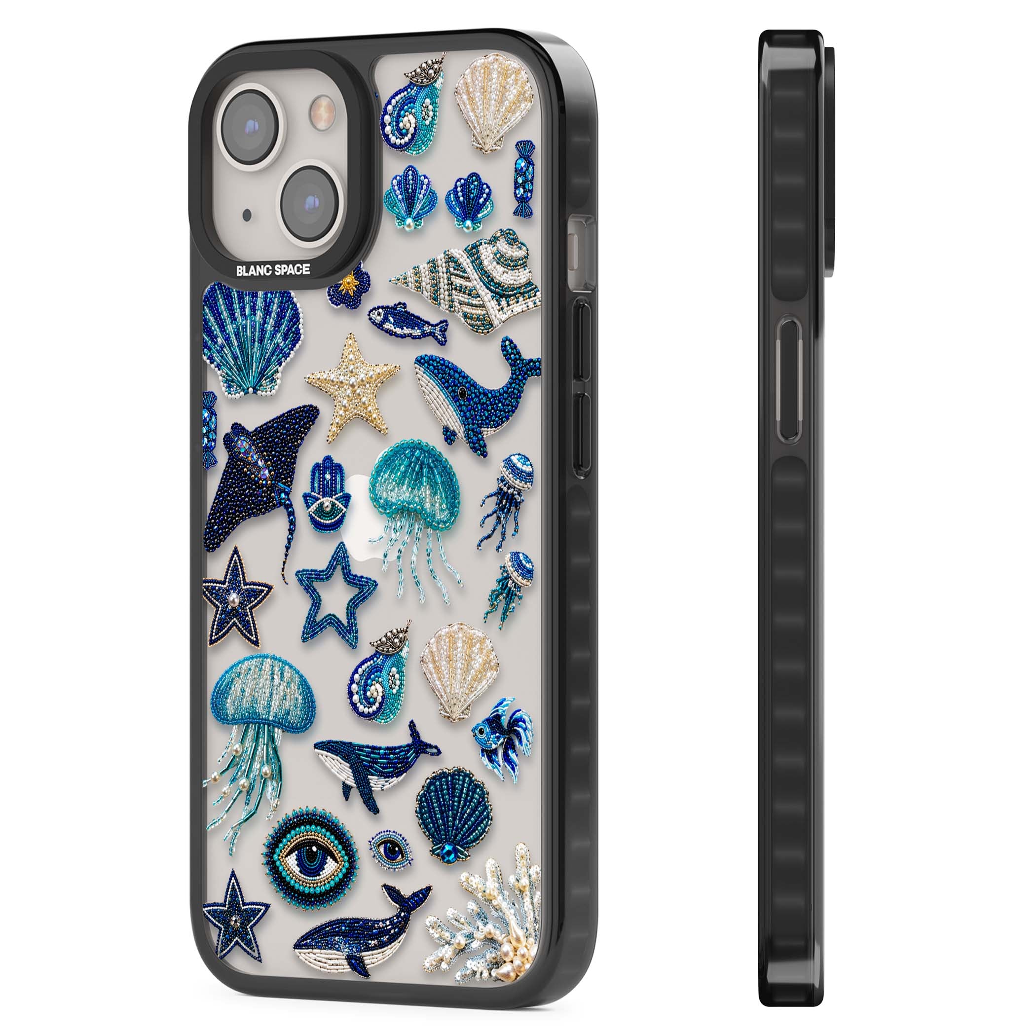 Beaded Coastal coastal iPhone case featuring embroidered seashells, jellyfish and a blue whale on clear | Black Impact case for iPhone 13, iPhone 14, iPhone 15