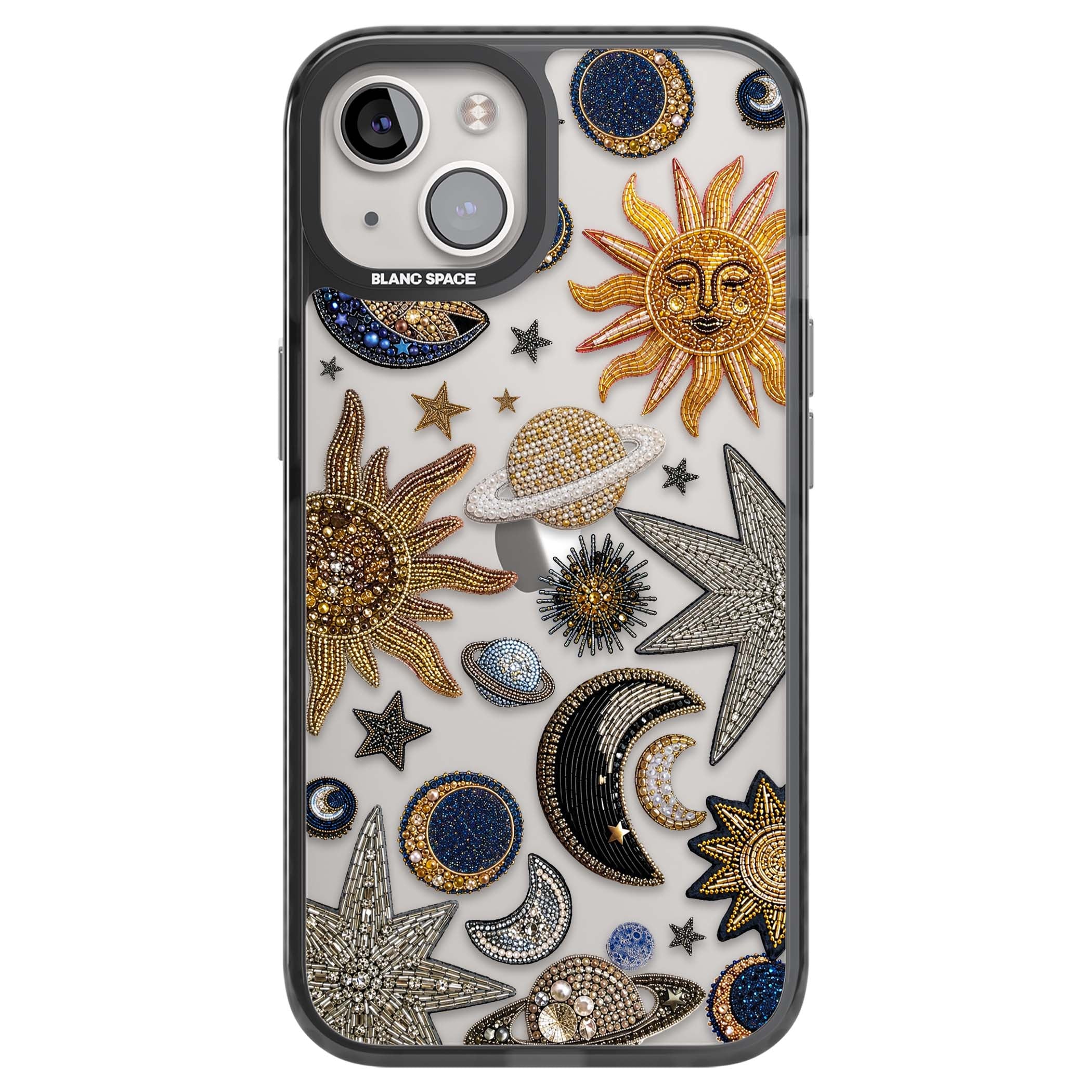 Beaded Cosmos celestial iPhone case featuring embroidered golden suns, beaded planets and silver shooting stars | Black Impact case for iPhone 13, iPhone 14, iPhone 15