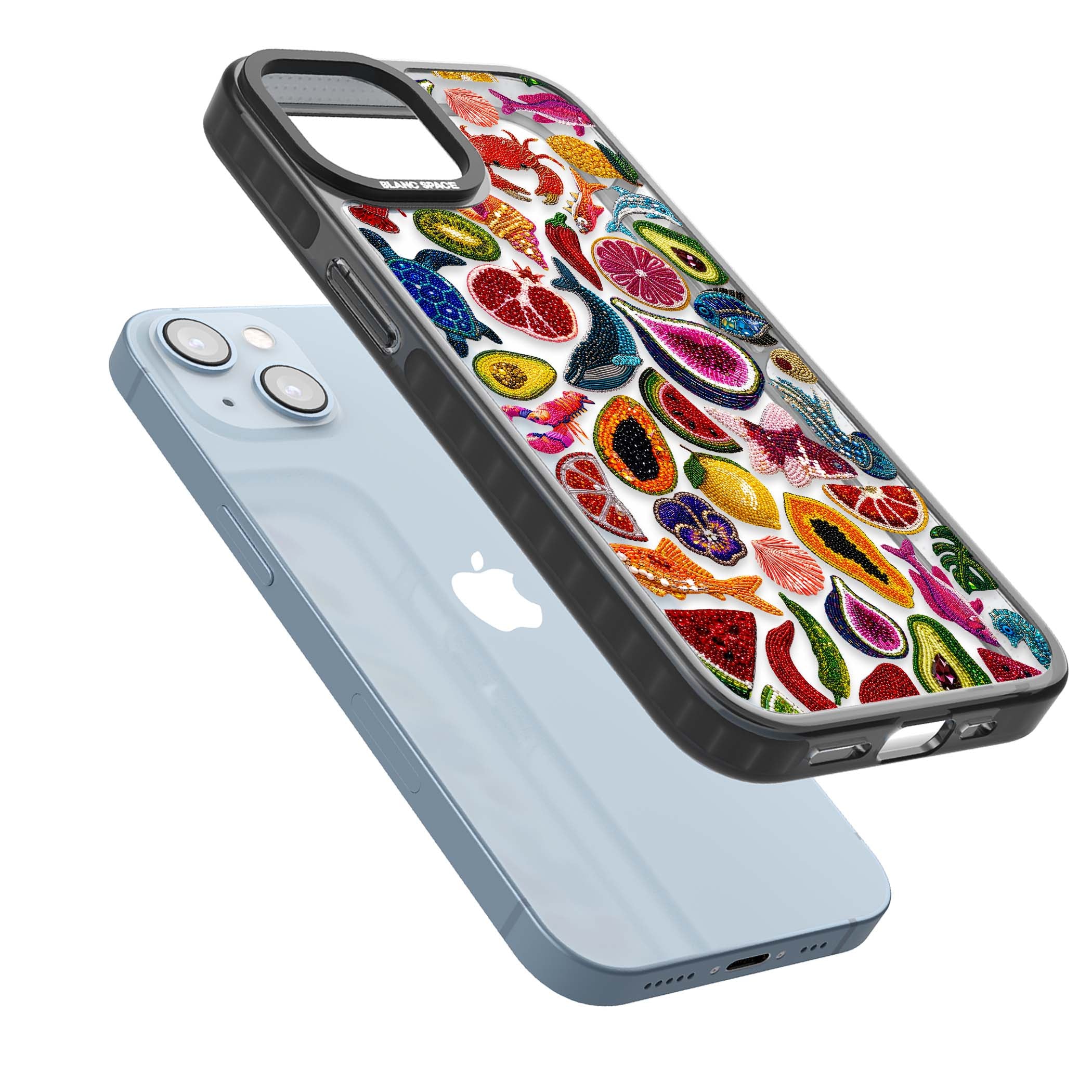 Beaded Tropic tropical iPhone case featuring beaded fruit, fish, crabs and seashells in vibrant colour | Black Impact case for iPhone 13, iPhone 14, iPhone 15