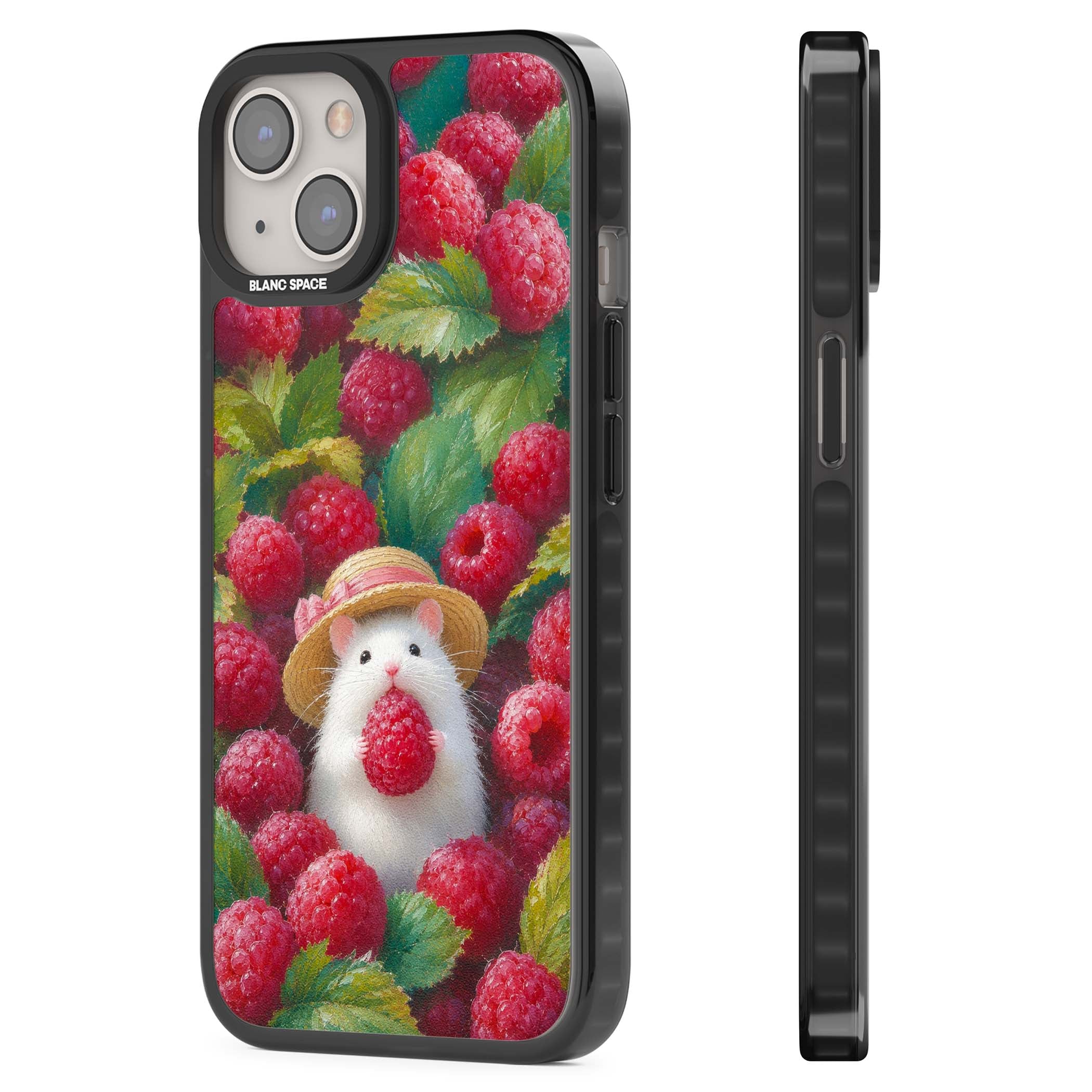 Berry Forager cottagecore iPhone case featuring a white hamster in a straw hat holding a raspberry surrounded by ripe ber | Black Impact case for iPhone 13, iPhone 14, iPhone 15