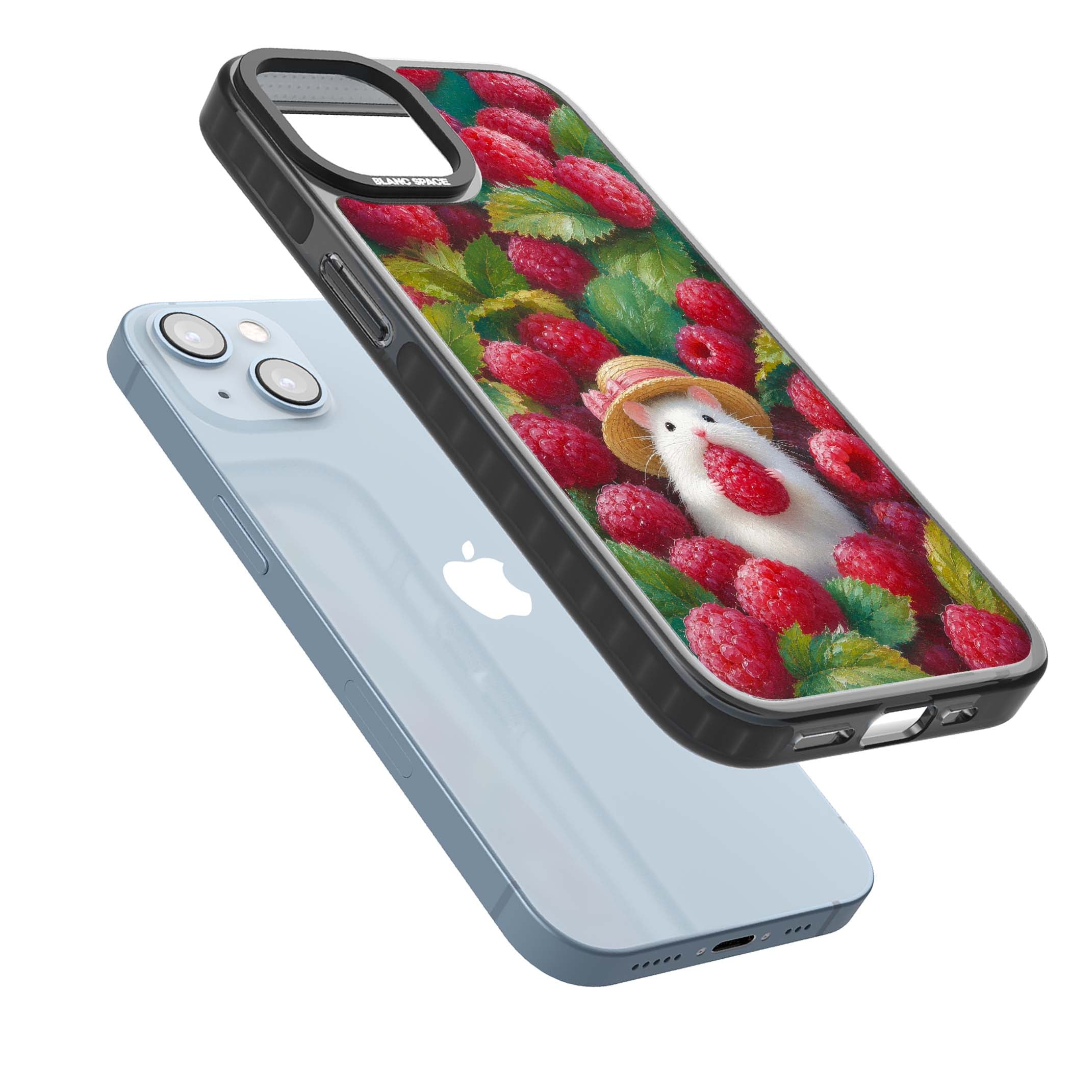 Berry Forager cottagecore iPhone case featuring a white hamster in a straw hat holding a raspberry surrounded by ripe ber | Black Impact case for iPhone 13, iPhone 14, iPhone 15