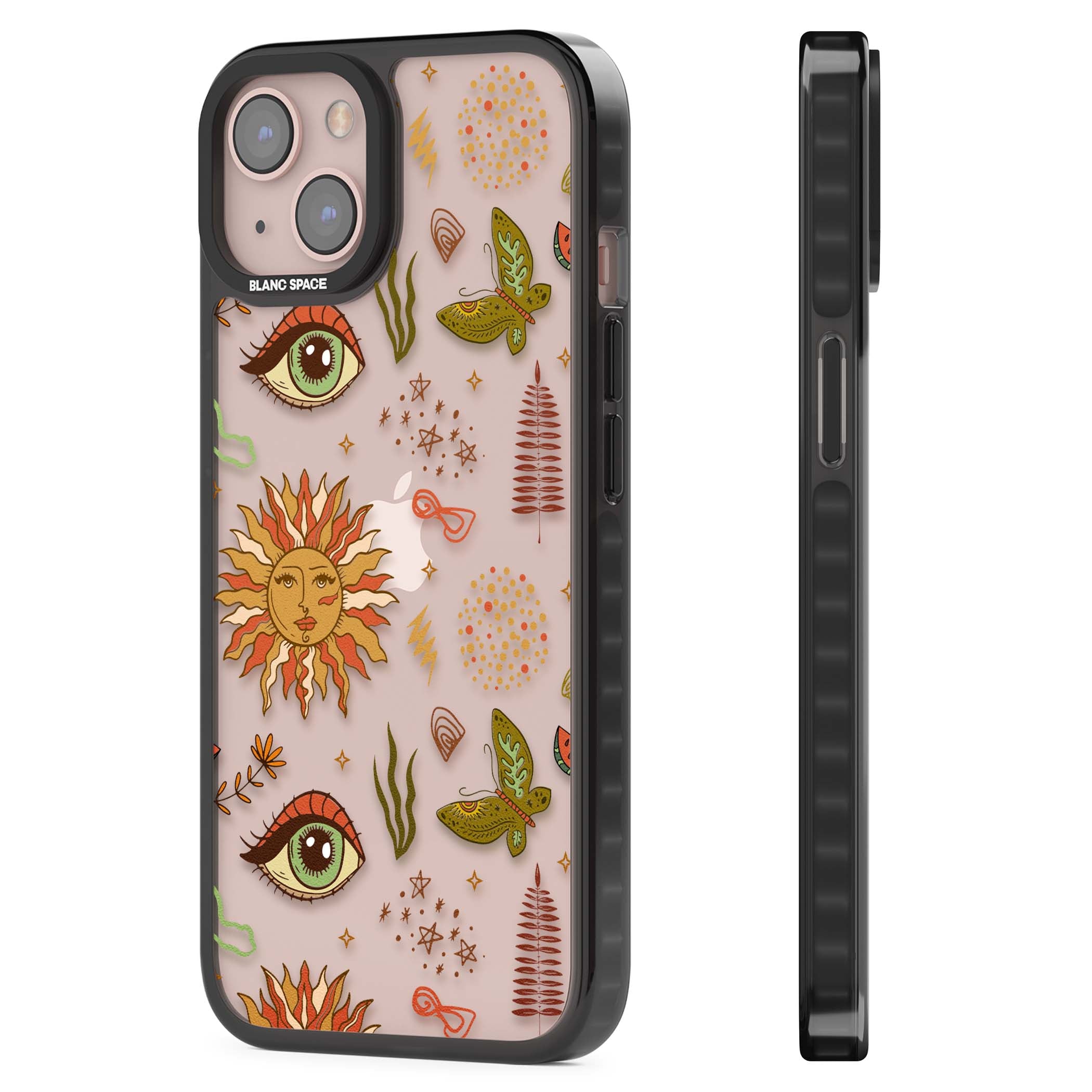 Elevate Your Phone'S Style With This Boho Celestial Sun & Eye Phone Case, Featuring A Mystical Blend Of Suns, All-Seeing Eyes, Butterflies, Stars, And
