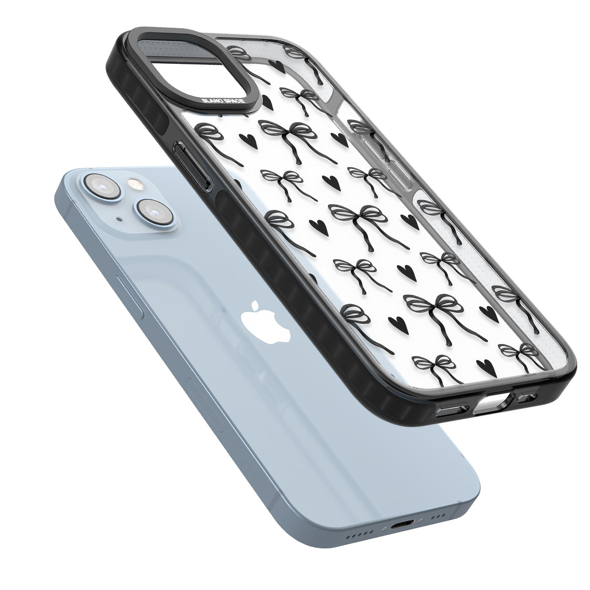 Black Bows & Hearts iPhone 12 / 12 Pro / iPhone 13 / iPhone 14 / iPhone 14 Plus / iPhone 15 / iPhone 15 Plus Impact Black Phone Case angled