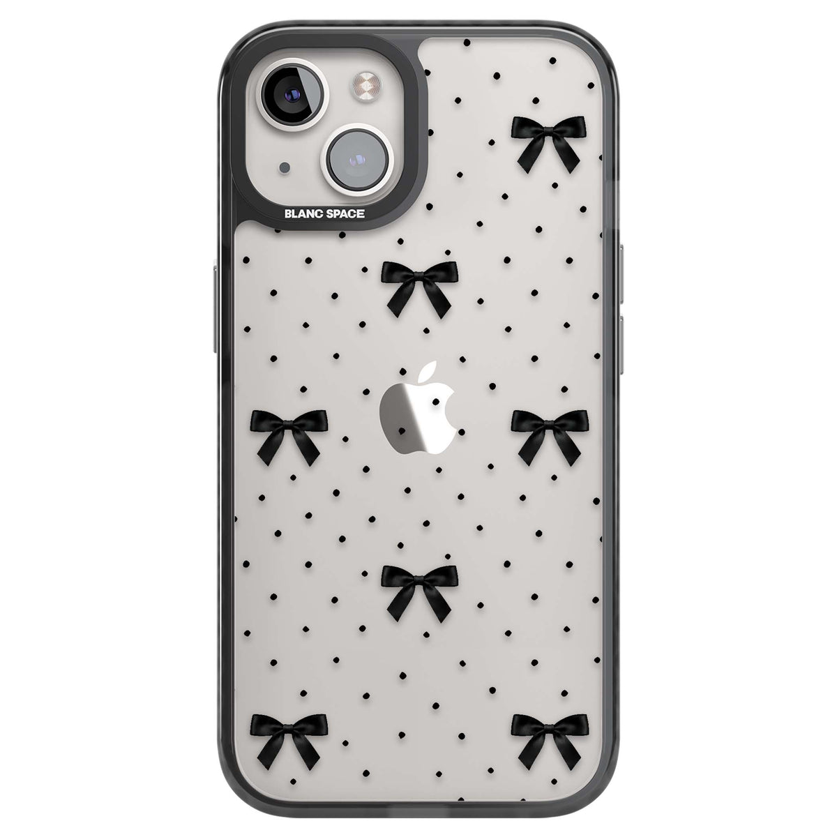 Black Polka Bows coquette iPhone case featuring scattered black satin bows and tiny polka dots on a clear base | Black Impact case for iPhone 13, iPhone 14, iPhone 15