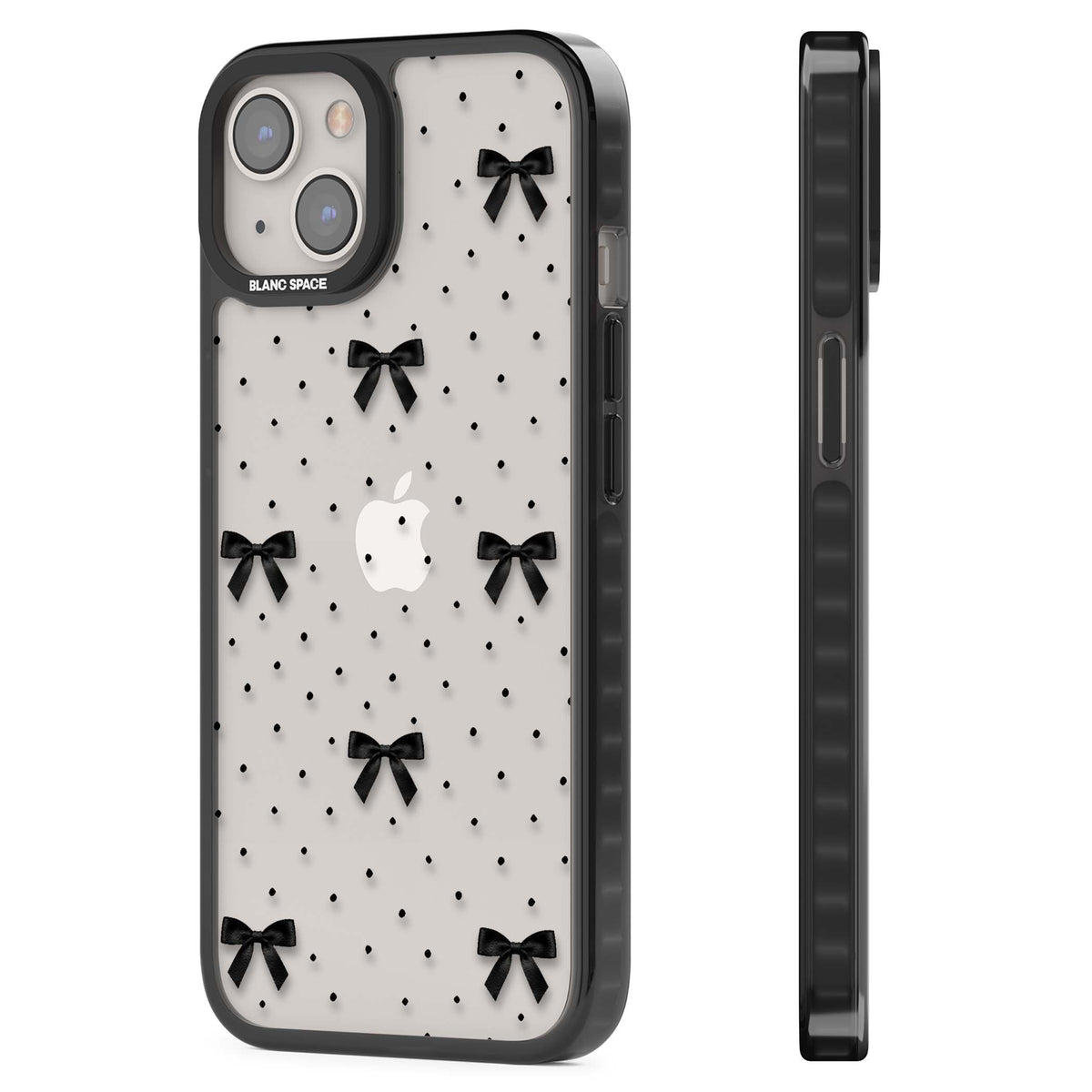 Black Polka Bows coquette iPhone case featuring scattered black satin bows and tiny polka dots on a clear base | Black Impact case for iPhone 13, iPhone 14, iPhone 15