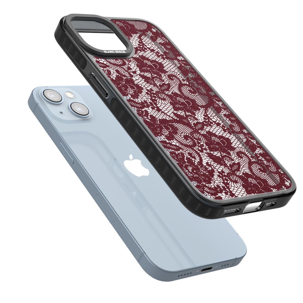 Burgundy Lace iPhone 12 / 12 Pro / iPhone 13 / iPhone 14 / iPhone 14 Plus / iPhone 15 / iPhone 15 Plus Impact Black Phone Case angled