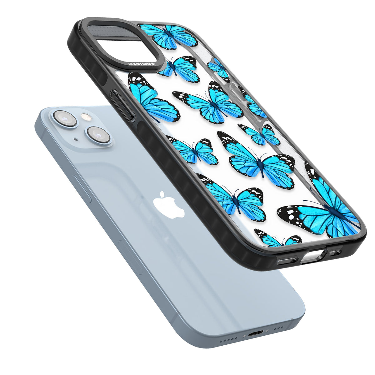 Azure Butterflies iPhone 12 / 12 Pro / iPhone 13 / iPhone 14 / iPhone 14 Plus / iPhone 15 / iPhone 15 Plus Impact Black Phone Case angled