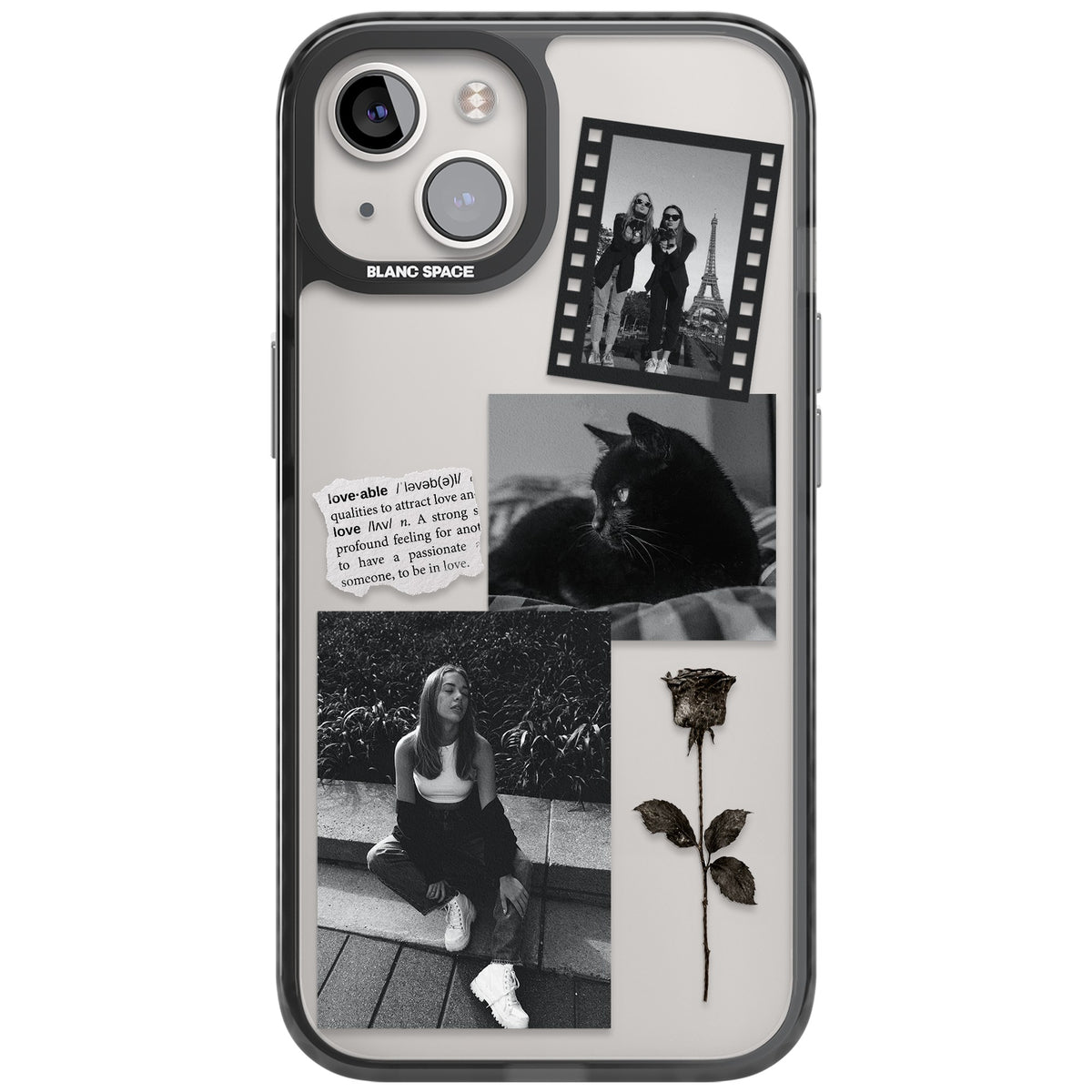 Personalised Black & White Scrapbook Photos iPhone 12 / 12 Pro / iPhone 13 / iPhone 14 / iPhone 14 Plus / iPhone 15 / iPhone 15 Plus Impact Black Phone Case front