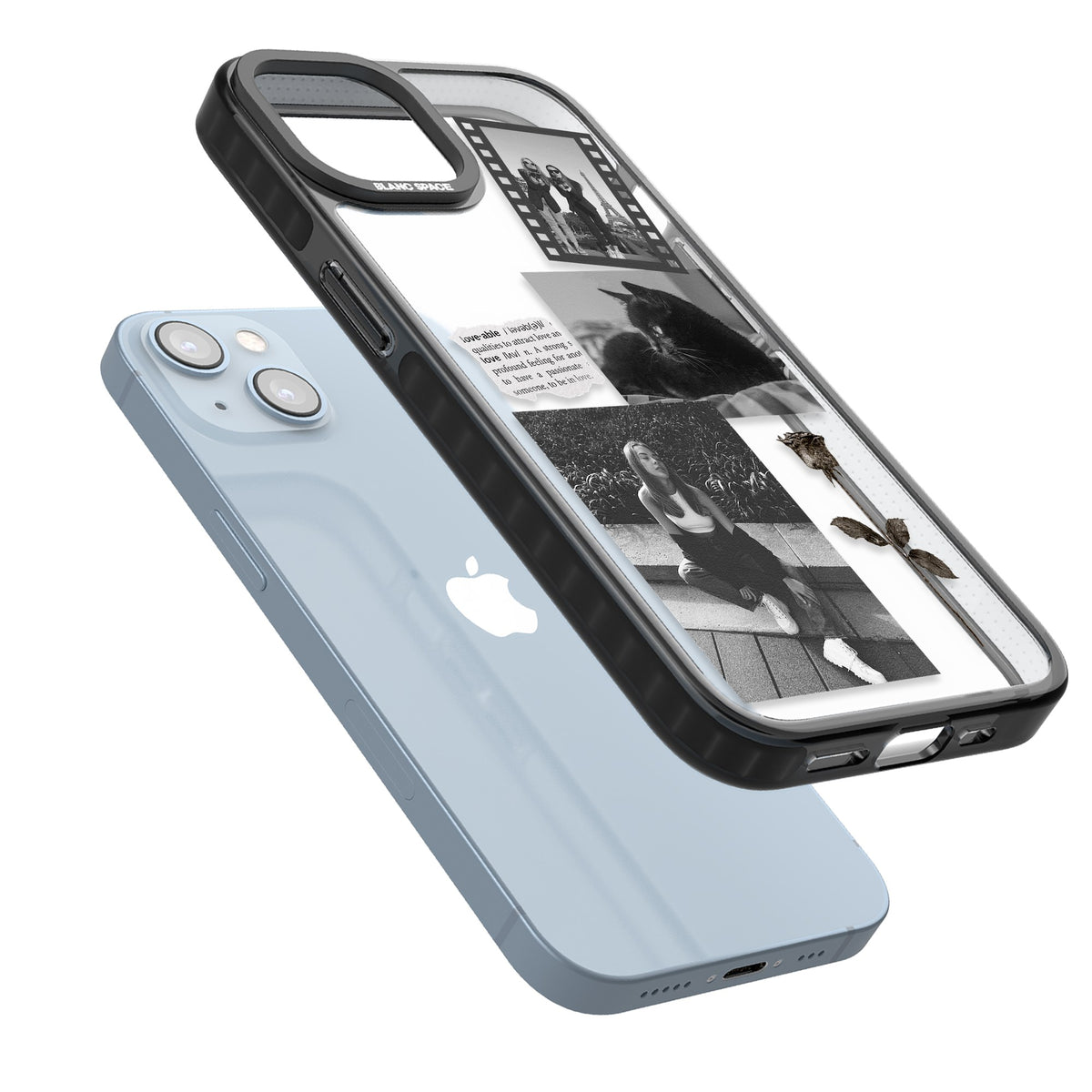 Personalised Black & White Scrapbook Photos iPhone 12 / 12 Pro / iPhone 13 / iPhone 14 / iPhone 14 Plus / iPhone 15 / iPhone 15 Plus Impact Black Phone Case angled