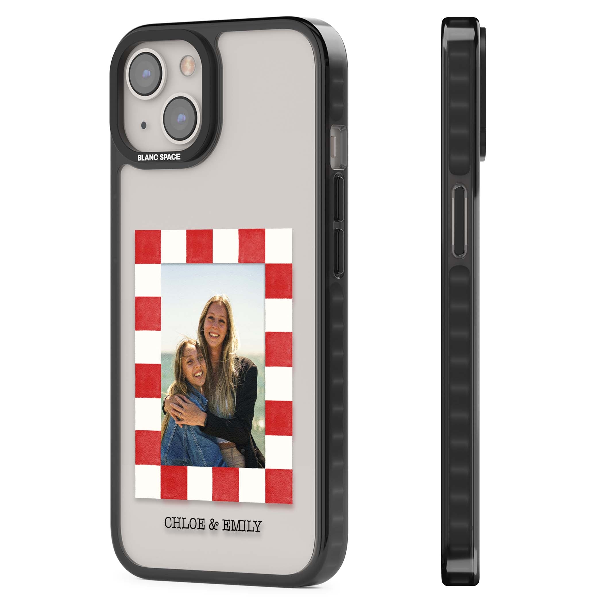 Red Check Photo personalised photo iPhone case with red and white checkered polaroid frame and custom couple name | Black Impact case for iPhone 13, iPhone 14, iPhone 15