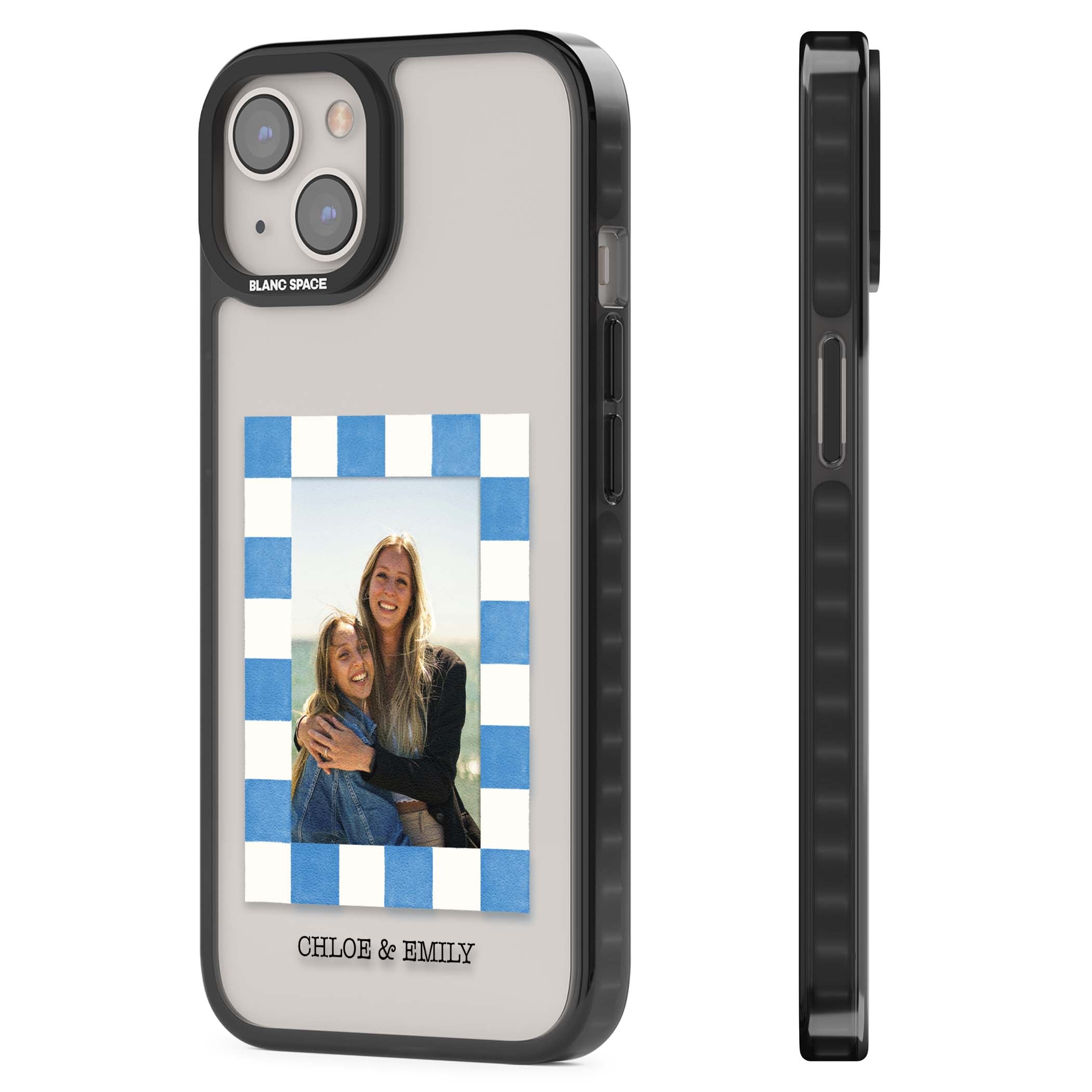 Blue Check Photo personalised photo iPhone case with blue checkered frame and custom couple names | Black Impact case for iPhone 13, iPhone 14, iPhone 15