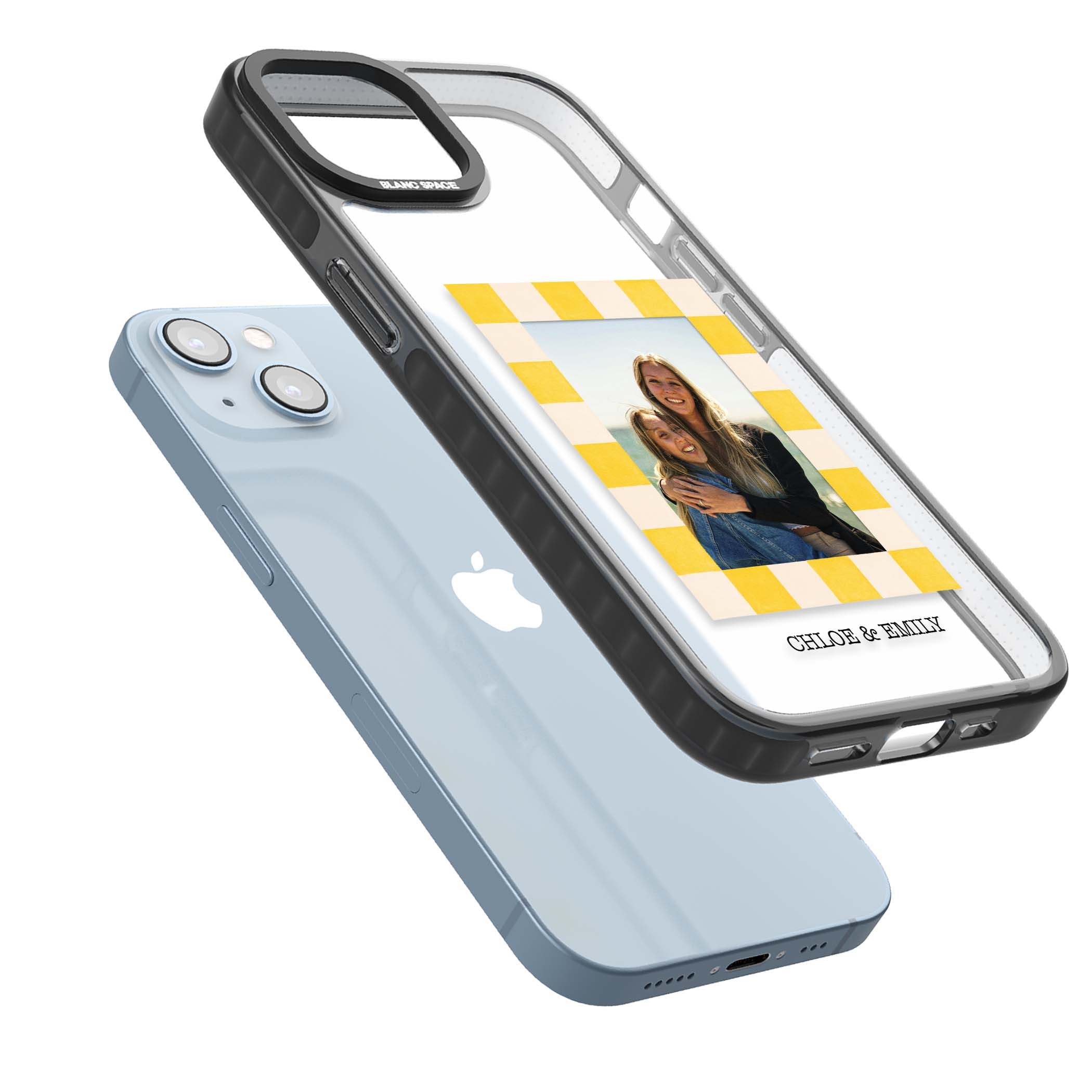 Yellow Check Photo personalised iPhone case with yellow checkered Polaroid frame and custom names beneath | Black Impact case for iPhone 13, iPhone 14, iPhone 15