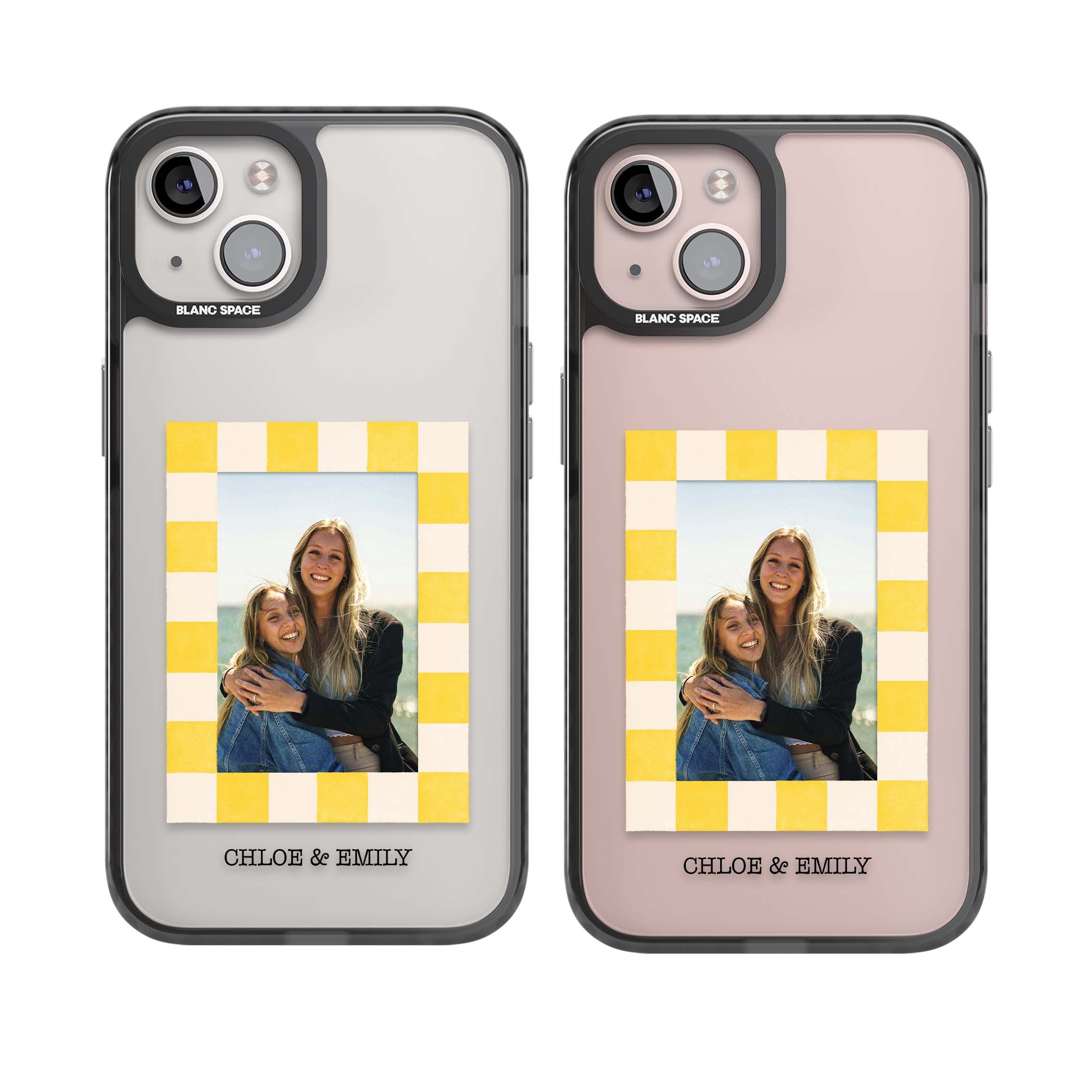 Yellow Check Photo personalised iPhone case with yellow checkered Polaroid frame and custom names beneath | Black Impact case for iPhone 13, iPhone 14, iPhone 15