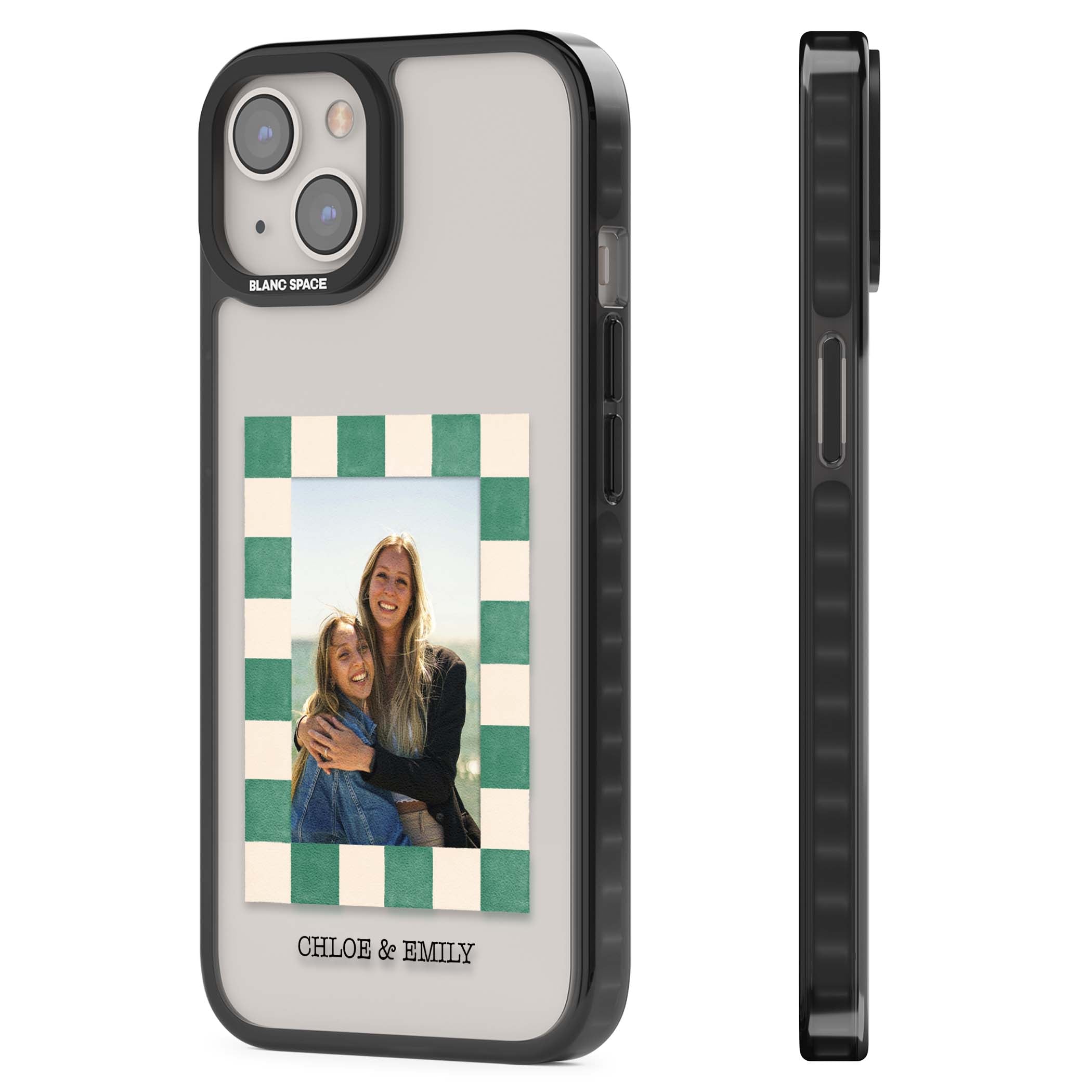 Seafoam Check Photo personalised iPhone case featuring a custom polaroid photo, green and cream checkered frame, and custom n | Black Impact case for iPhone 13, iPhone 14, iPhone 15