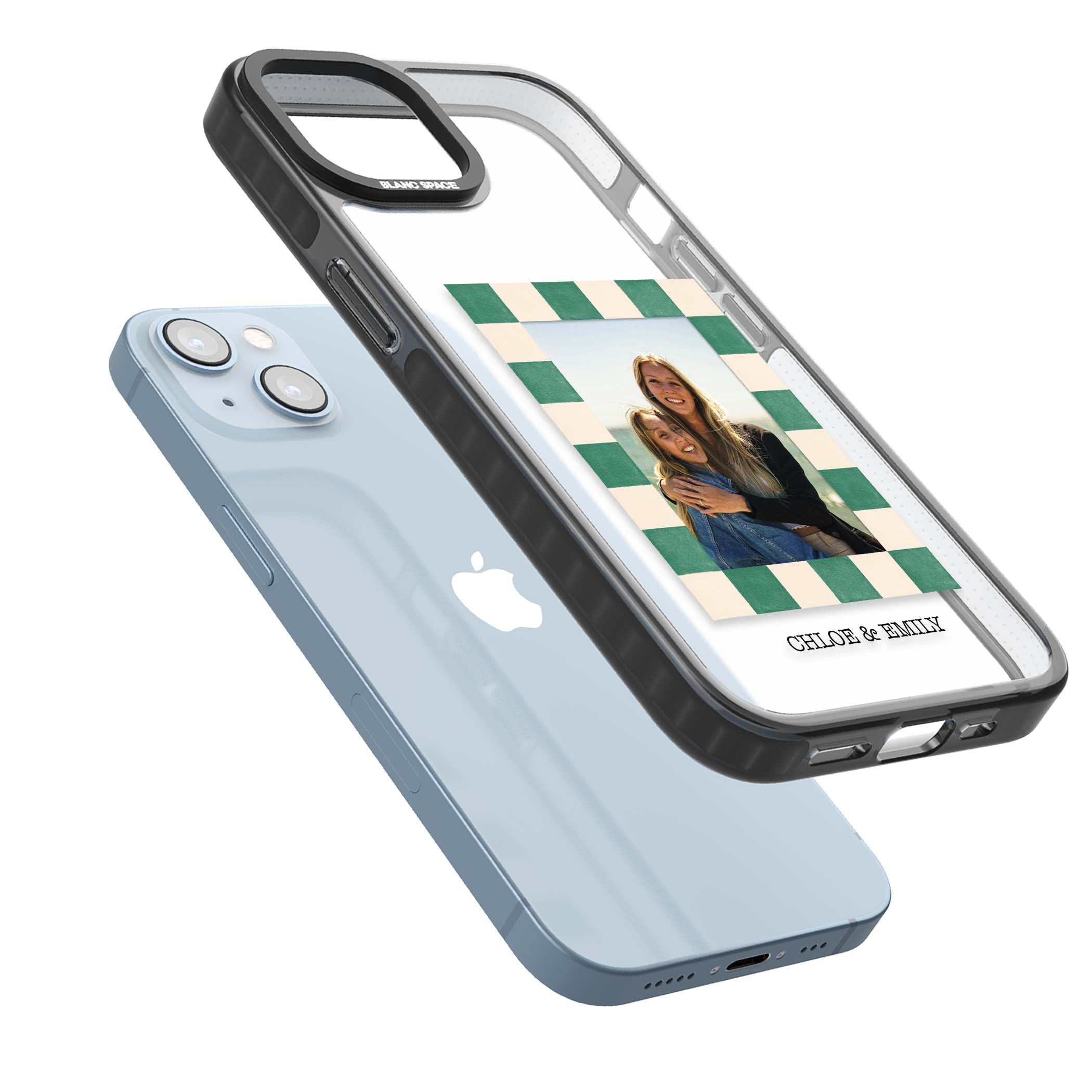 Seafoam Check Photo personalised iPhone case featuring a custom polaroid photo, green and cream checkered frame, and custom n | Black Impact case for iPhone 13, iPhone 14, iPhone 15