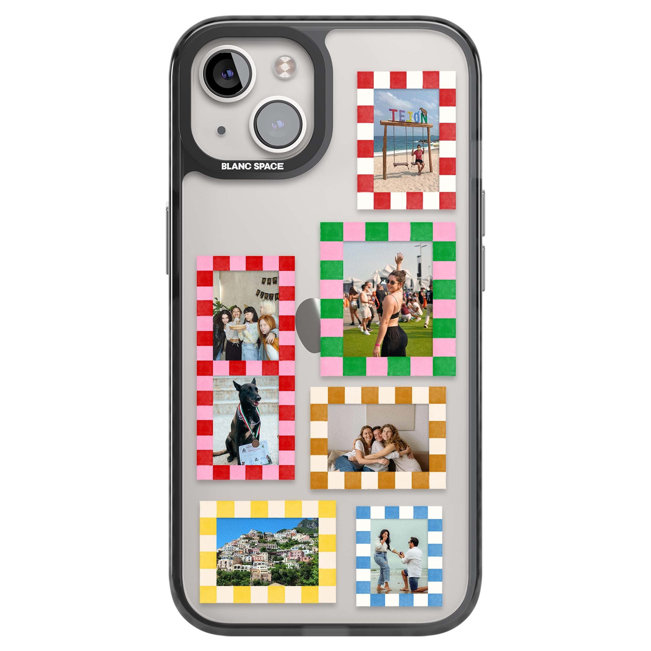 Italian Check Frames custom photo collage iPhone case featuring six checkered photo frames in red, green, pink and | Black Impact case for iPhone 13, iPhone 14, iPhone 15