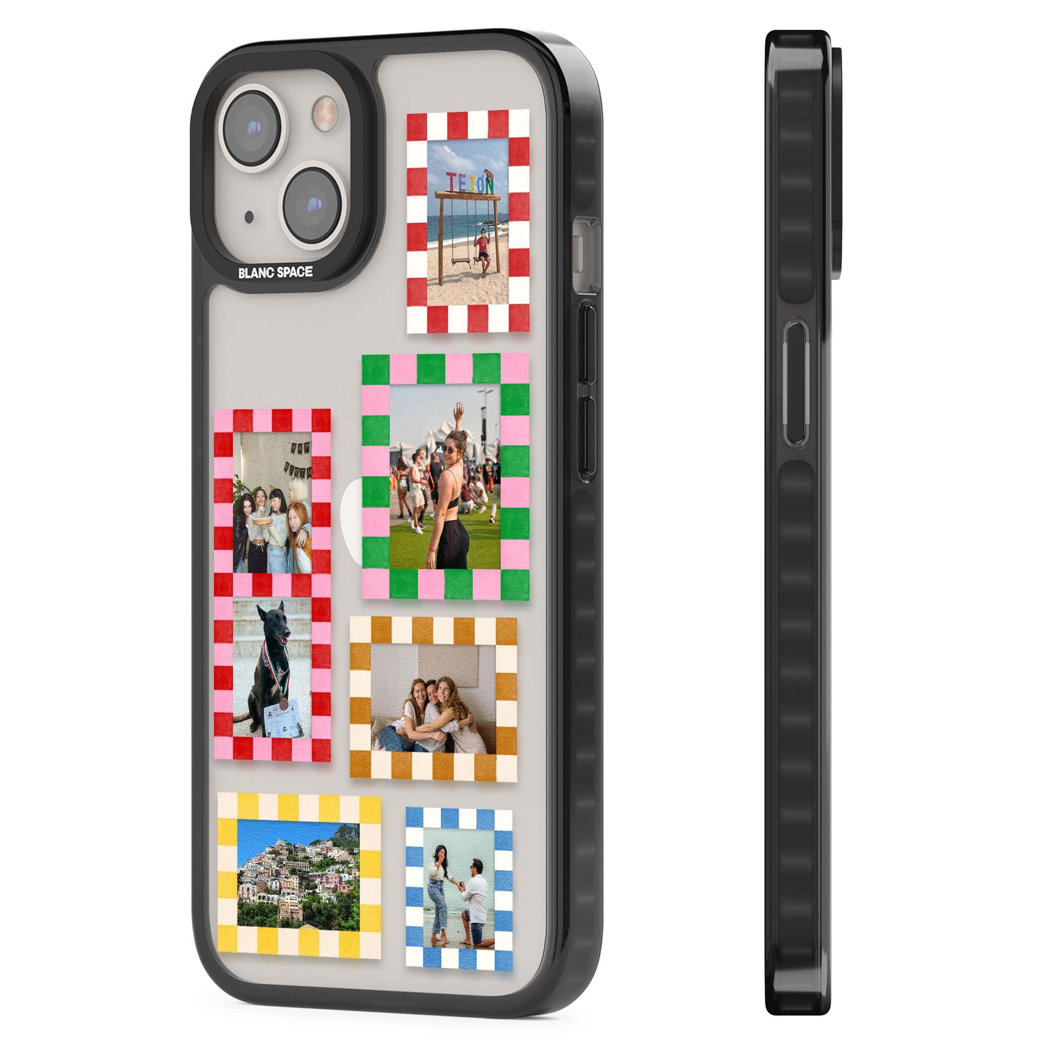 Italian Check Frames custom photo collage iPhone case featuring six checkered photo frames in red, green, pink and | Black Impact case for iPhone 13, iPhone 14, iPhone 15