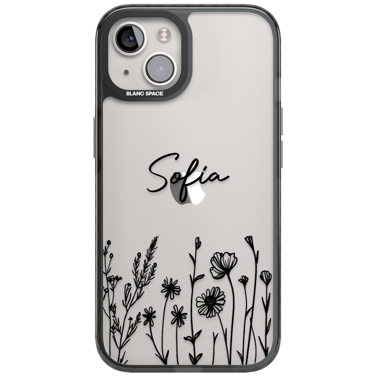 Personalised Black Wildflowers iPhone 12 / 12 Pro / iPhone 13 / iPhone 14 / iPhone 14 Plus / iPhone 15 / iPhone 15 Plus Impact Black Phone Case front