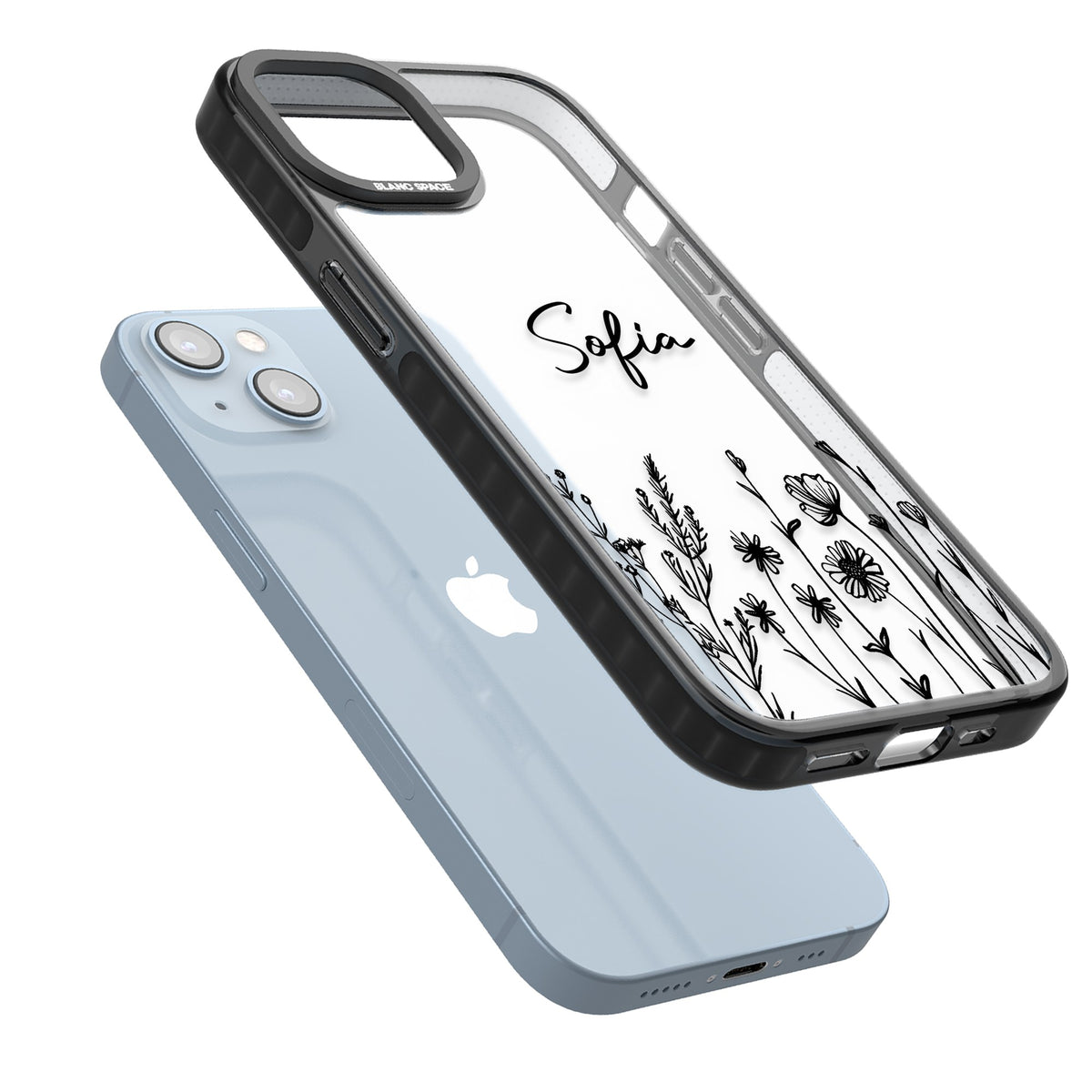 Personalised Black Wildflowers iPhone 12 / 12 Pro / iPhone 13 / iPhone 14 / iPhone 14 Plus / iPhone 15 / iPhone 15 Plus Impact Black Phone Case angled