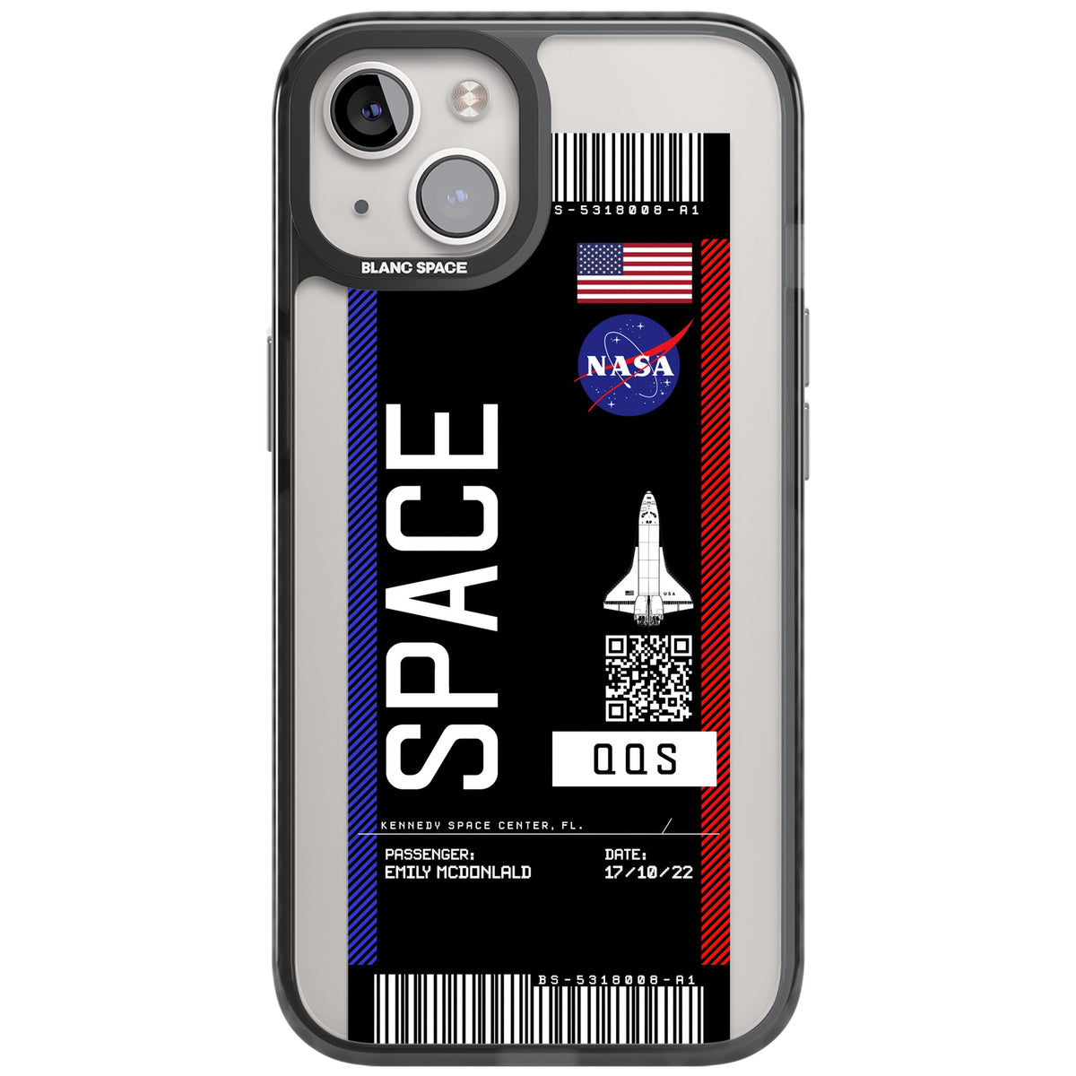 Personalised Nasa Boarding Pass (Dark) iPhone 12 / 12 Pro / iPhone 13 / iPhone 14 / iPhone 14 Plus / iPhone 15 / iPhone 15 Plus Impact Black Phone Case front