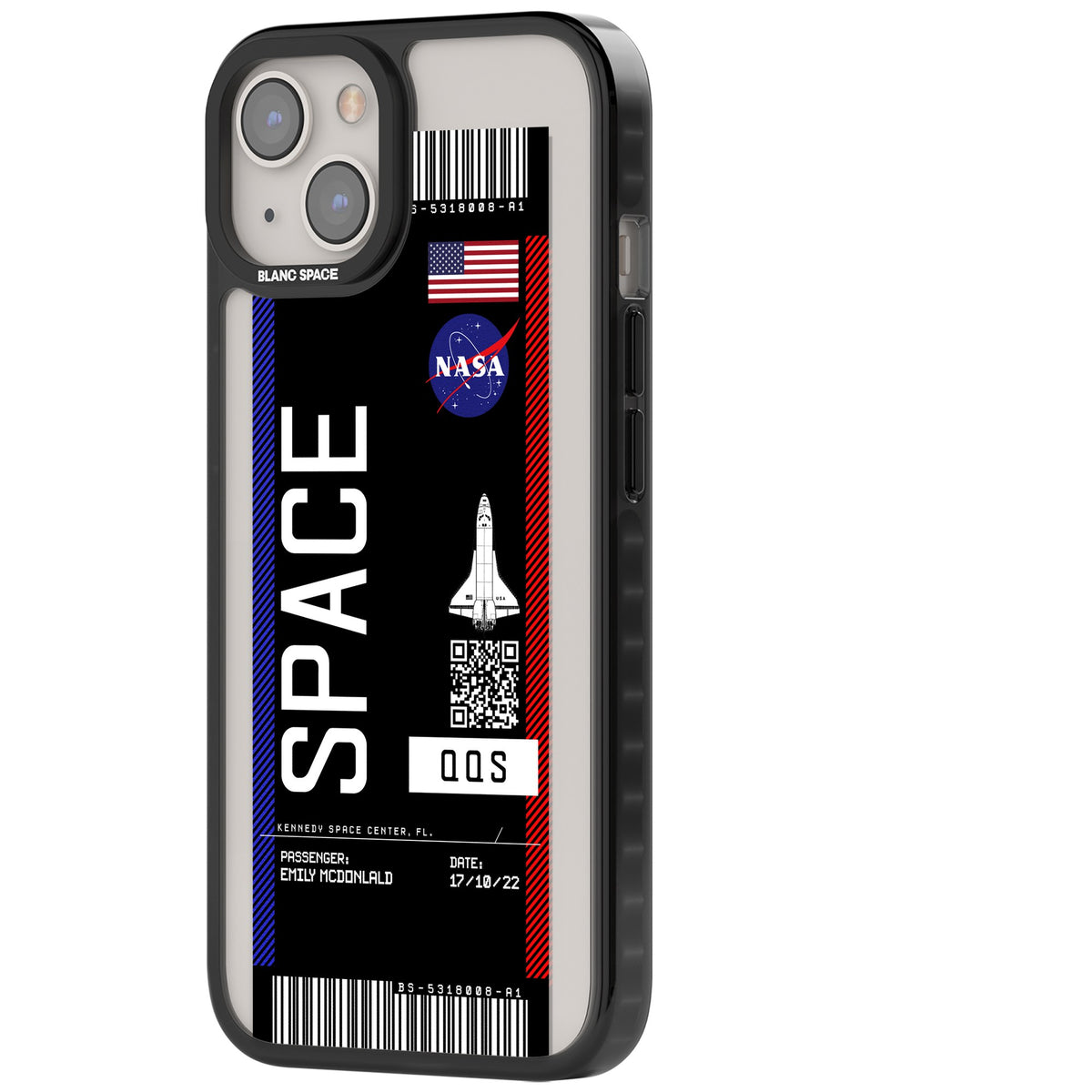 Personalised Nasa Boarding Pass (Dark) iPhone 12 / 12 Pro / iPhone 13 / iPhone 14 / iPhone 14 Plus / iPhone 15 / iPhone 15 Plus Impact Black Phone Case side