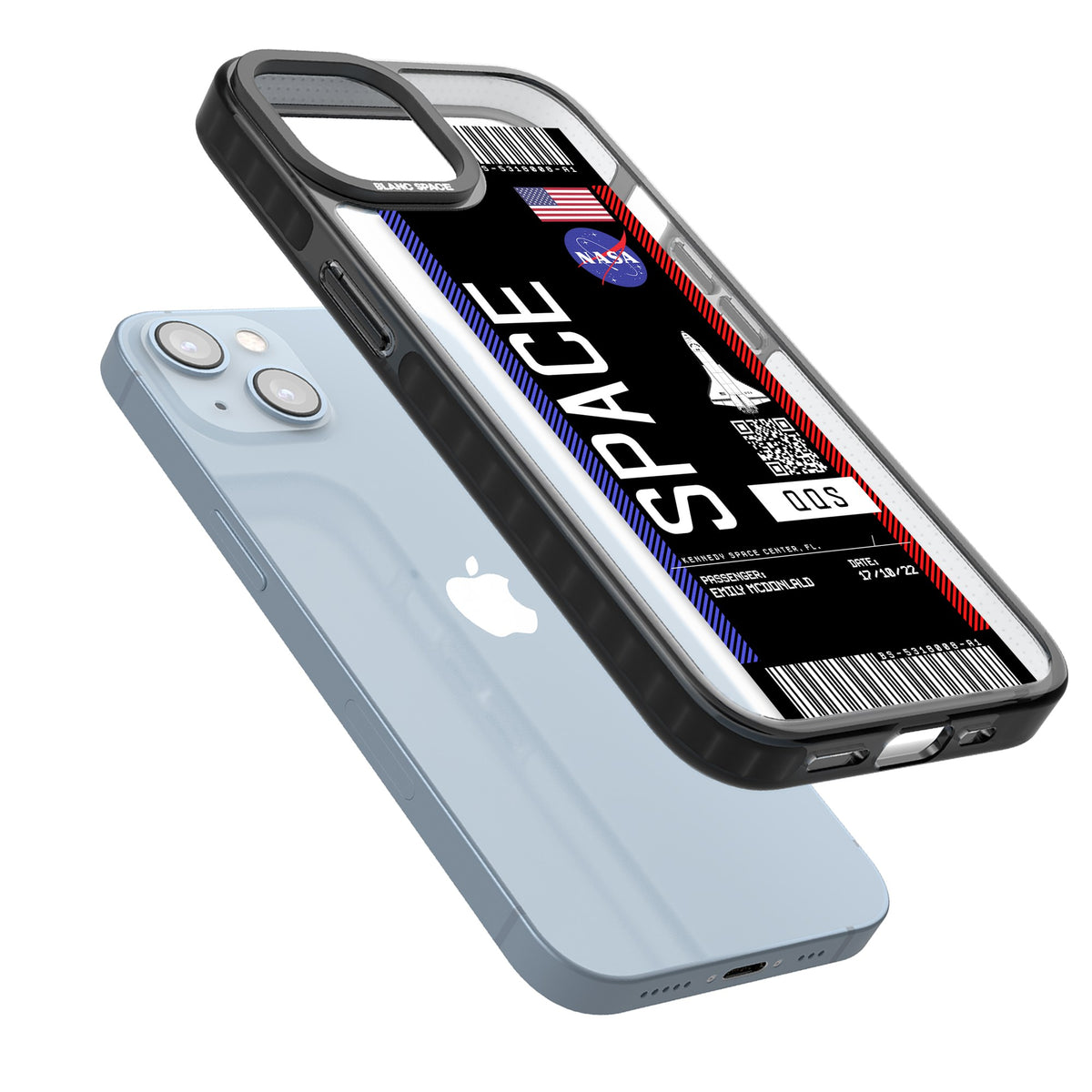 Personalised Nasa Boarding Pass (Dark) iPhone 12 / 12 Pro / iPhone 13 / iPhone 14 / iPhone 14 Plus / iPhone 15 / iPhone 15 Plus Impact Black Phone Case angled