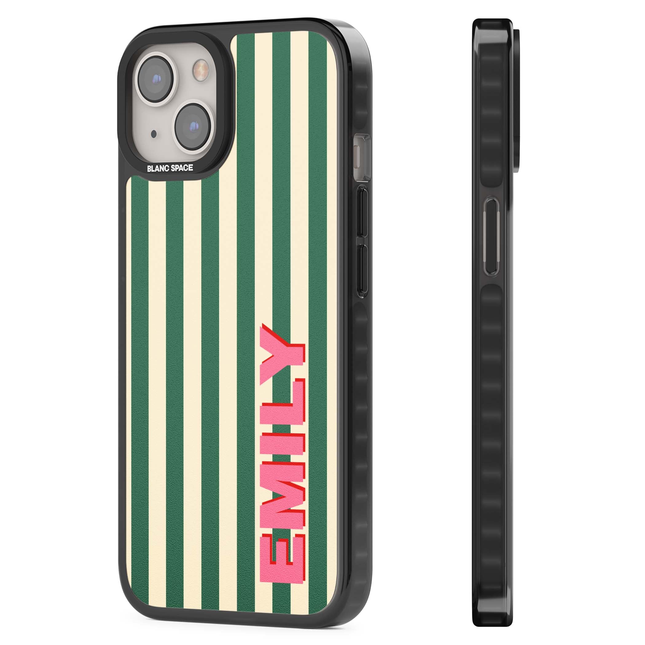 Wimbledon Stripe preppy iPhone case featuring green and cream vertical stripes with a personalised pink name | Black Impact case for iPhone 13, iPhone 14, iPhone 15