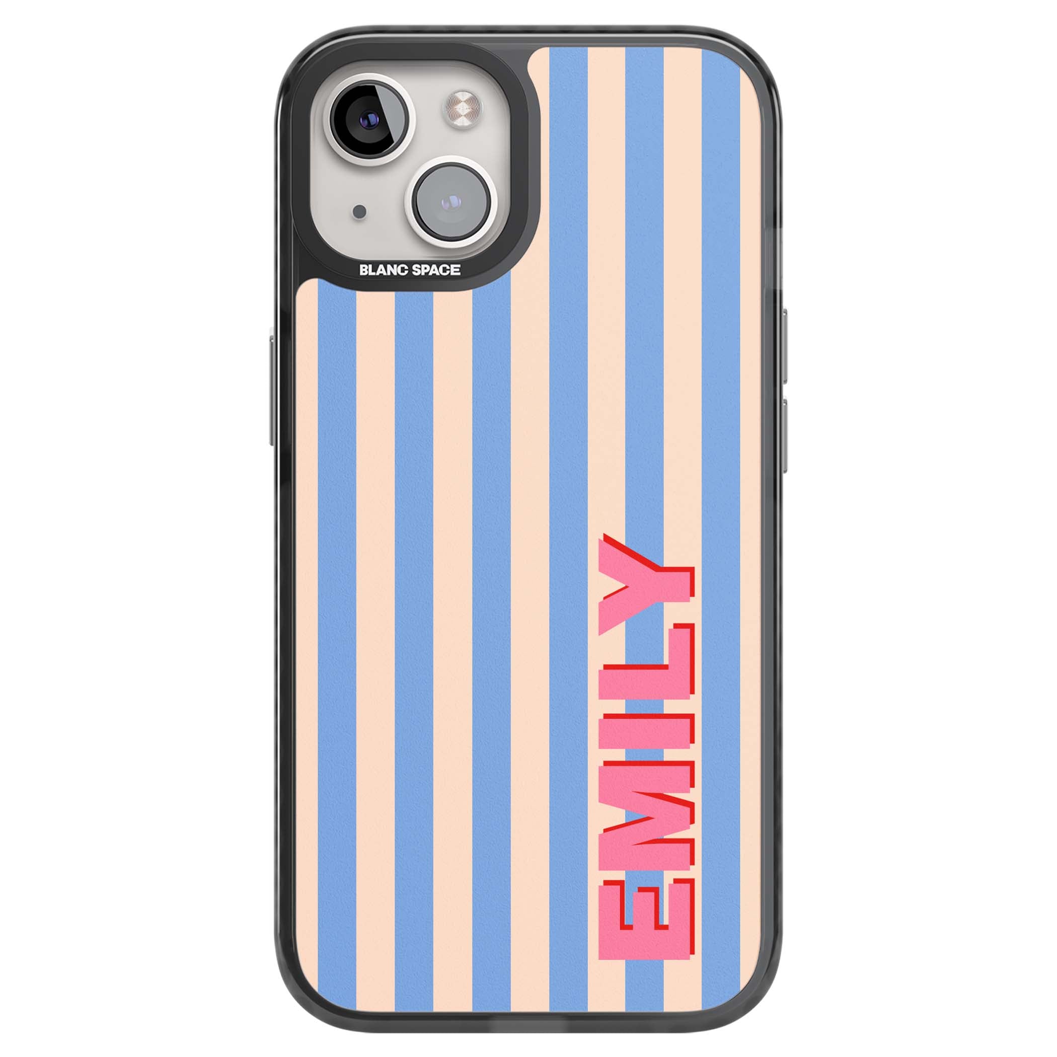 Coastal Stripe personalised coastal iPhone case with blue and peach vertical stripes and custom pink name | Black Impact case for iPhone 13, iPhone 14, iPhone 15