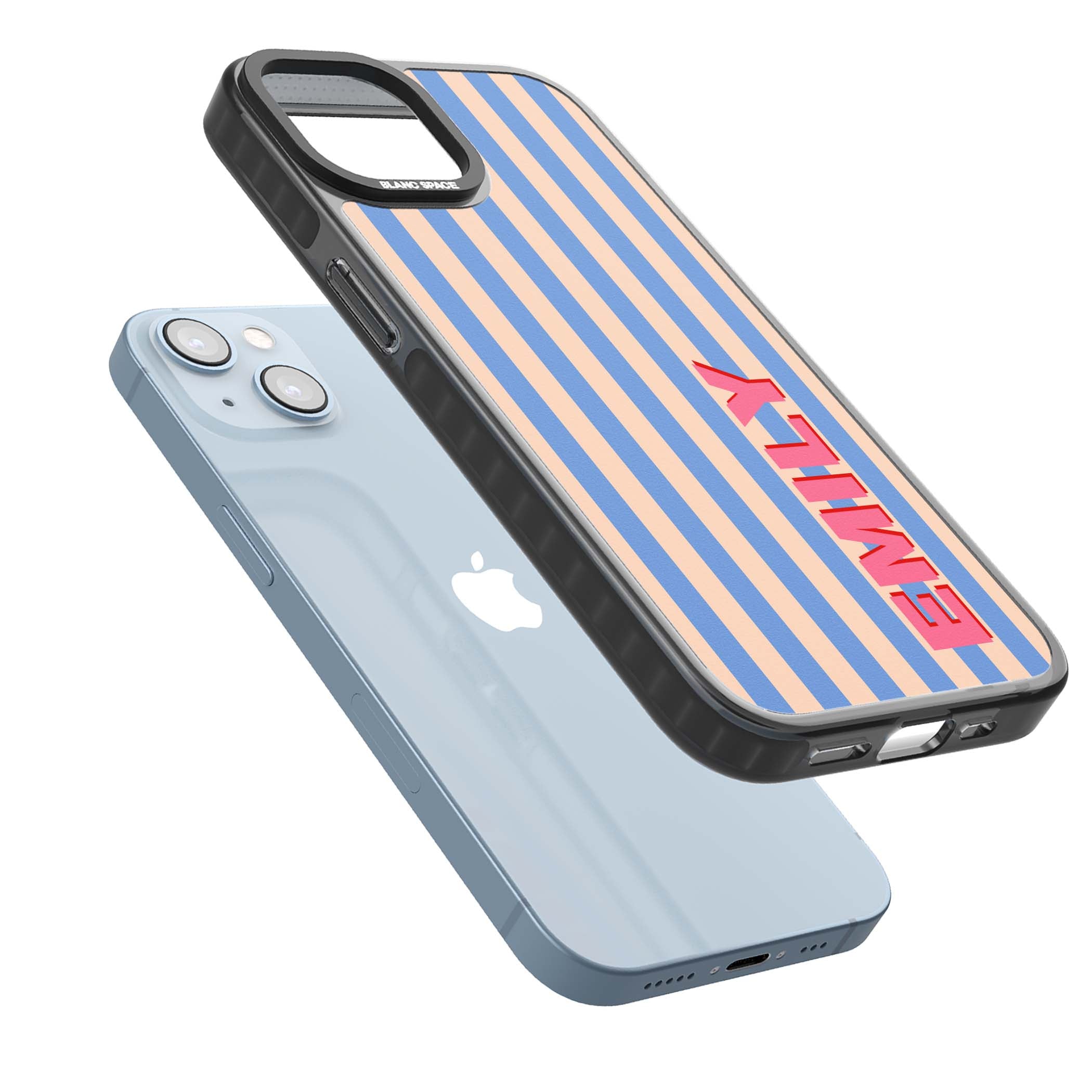 Coastal Stripe personalised coastal iPhone case with blue and peach vertical stripes and custom pink name | Black Impact case for iPhone 13, iPhone 14, iPhone 15
