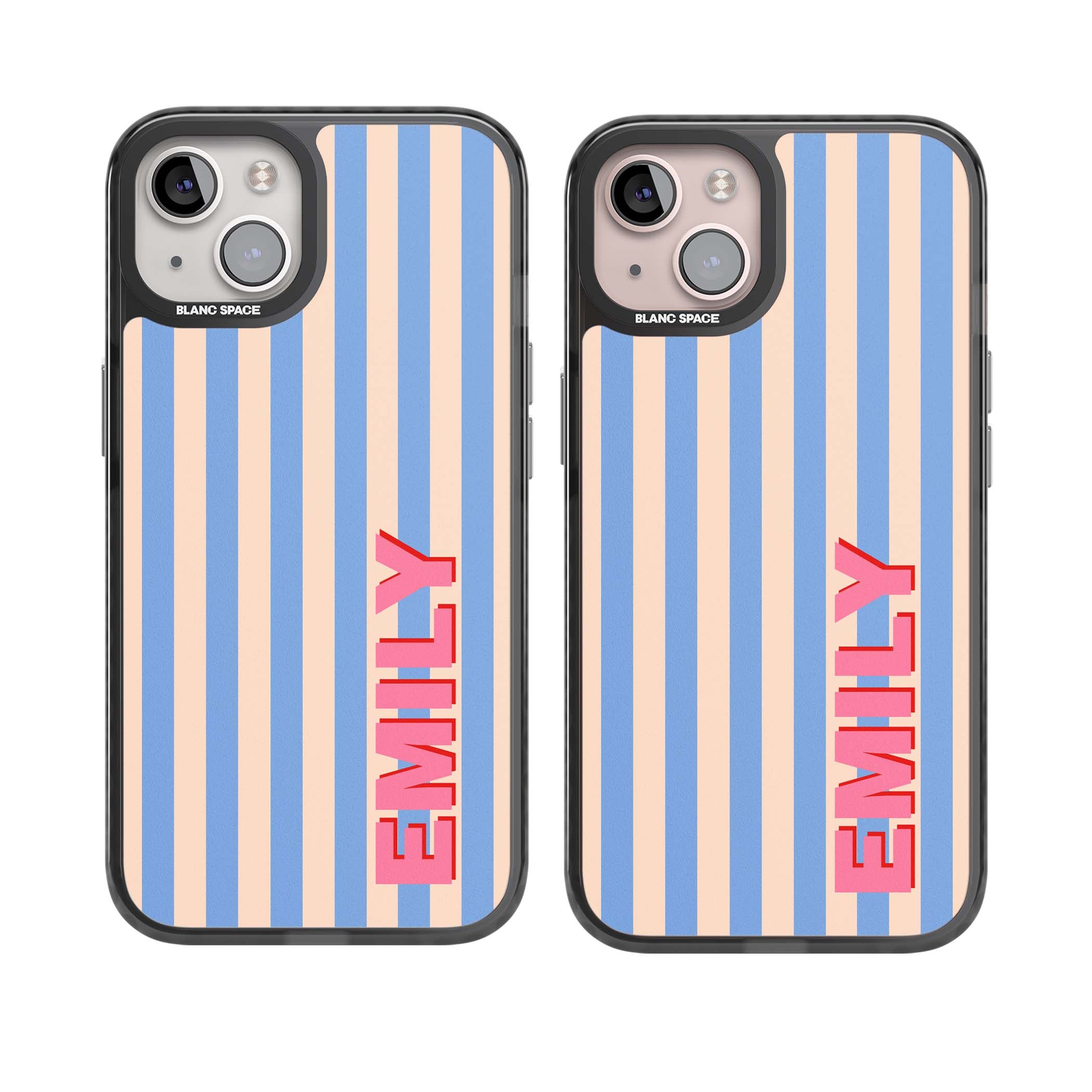 Coastal Stripe personalised coastal iPhone case with blue and peach vertical stripes and custom pink name | Black Impact case for iPhone 13, iPhone 14, iPhone 15