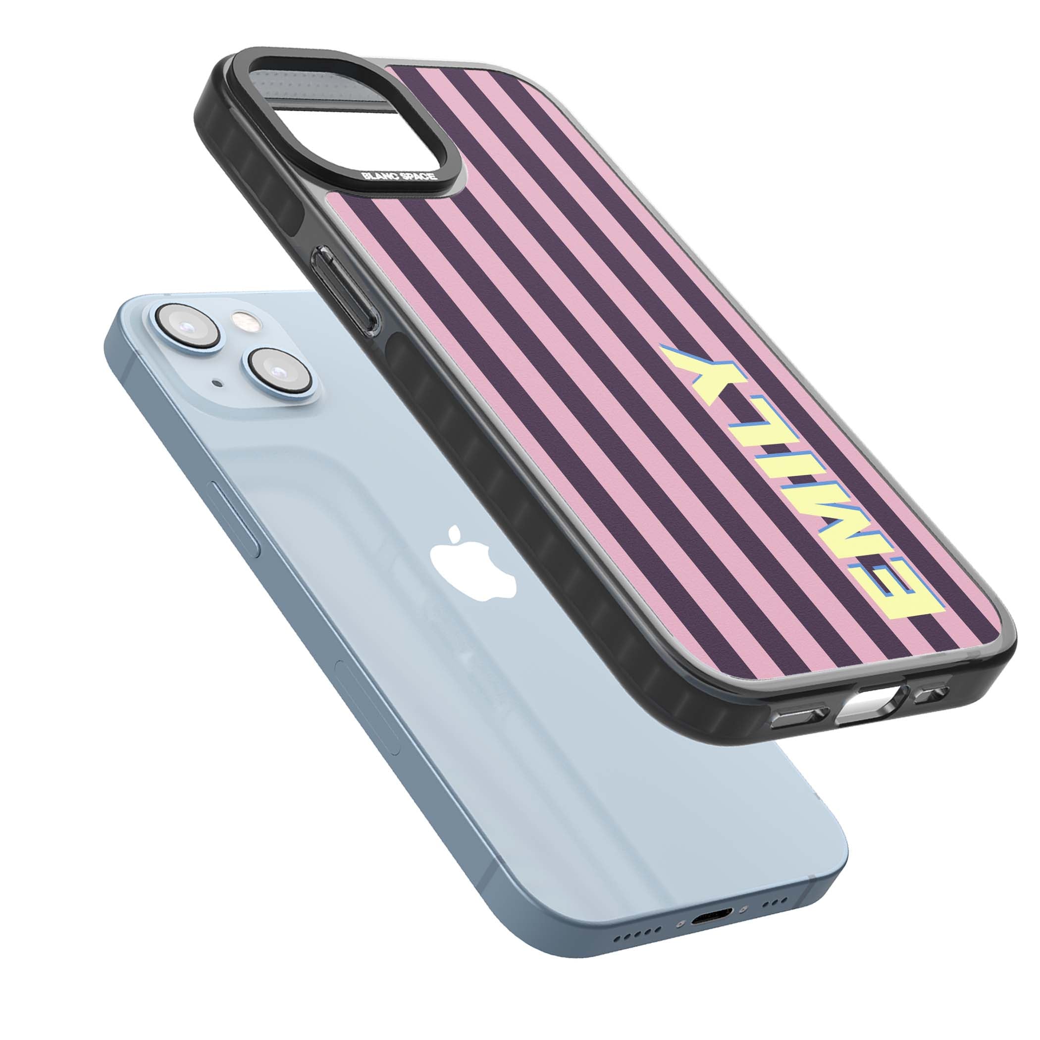 Tyre Stripe personalised stripe iPhone case with plum and pink vertical stripes and custom yellow name | Black Impact case for iPhone 13, iPhone 14, iPhone 15
