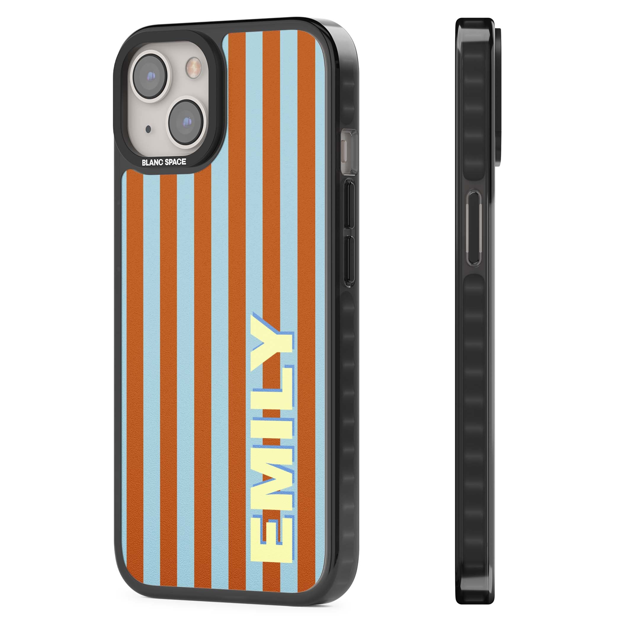 Cappadocia Stripe personalised coastal iPhone case featuring blue and orange vertical stripes with custom cream name | Black Impact case for iPhone 13, iPhone 14, iPhone 15