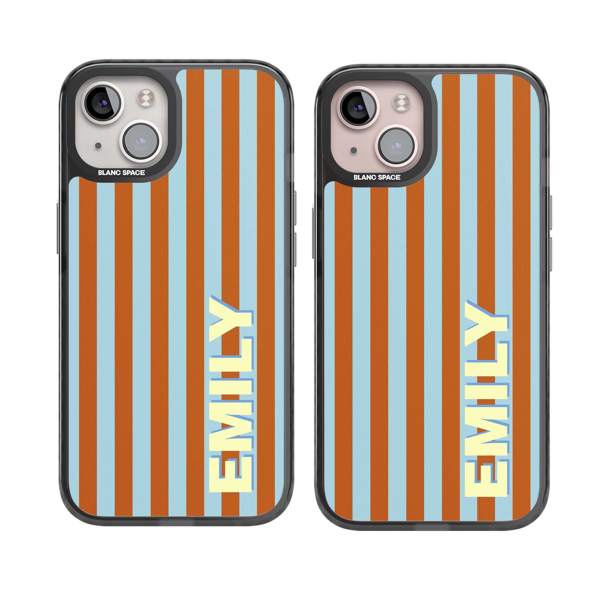 Cappadocia Stripe personalised coastal iPhone case featuring blue and orange vertical stripes with custom cream name | Black Impact case for iPhone 13, iPhone 14, iPhone 15