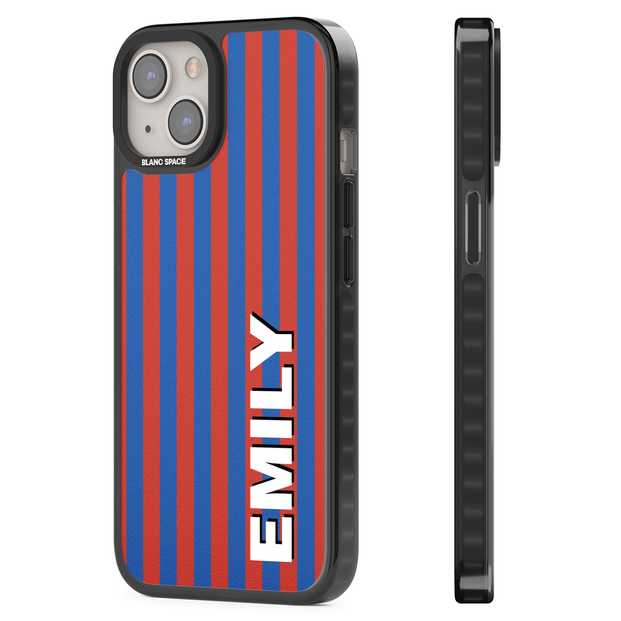 Cuban Stripe personalised iPhone case featuring red and blue vertical stripes with custom name in bold white letters | Black Impact case for iPhone 13, iPhone 14, iPhone 15