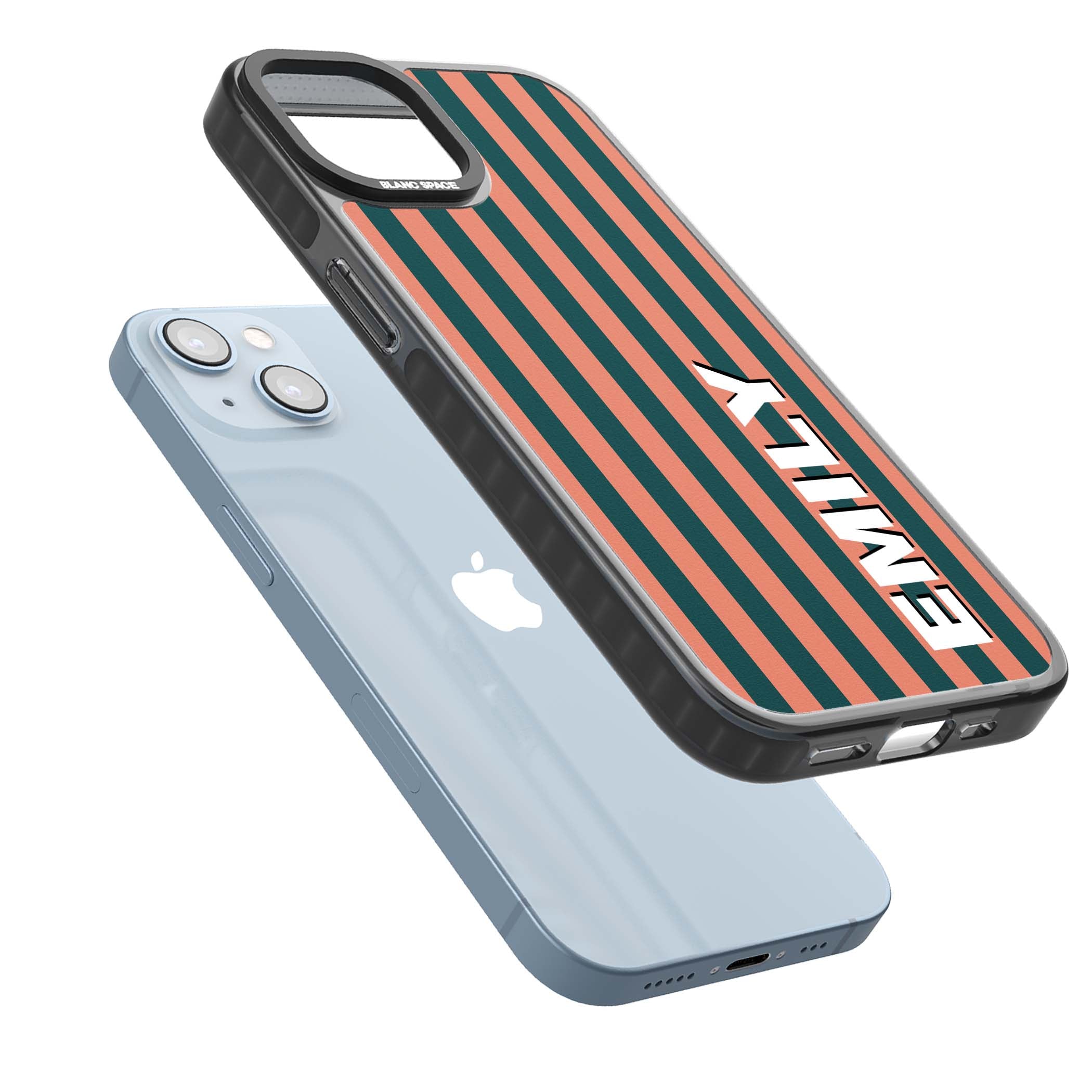 Tuscan Stripe personalised iPhone case featuring coral and green vertical stripes with bold custom name | Black Impact case for iPhone 13, iPhone 14, iPhone 15