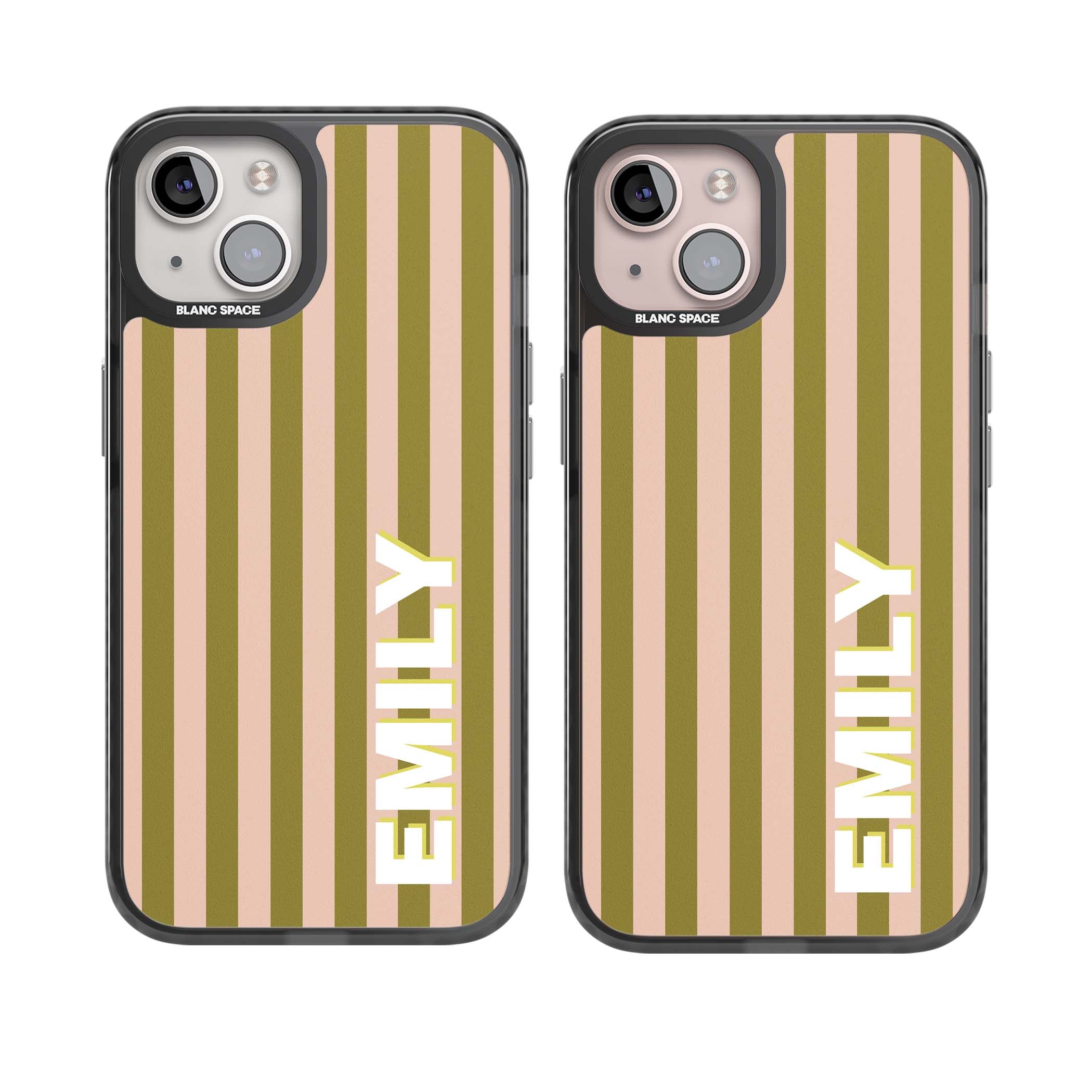 Indian Stripe personalised iPhone case featuring olive green and blush pink vertical stripes with custom name in whit | Black Impact case for iPhone 13, iPhone 14, iPhone 15