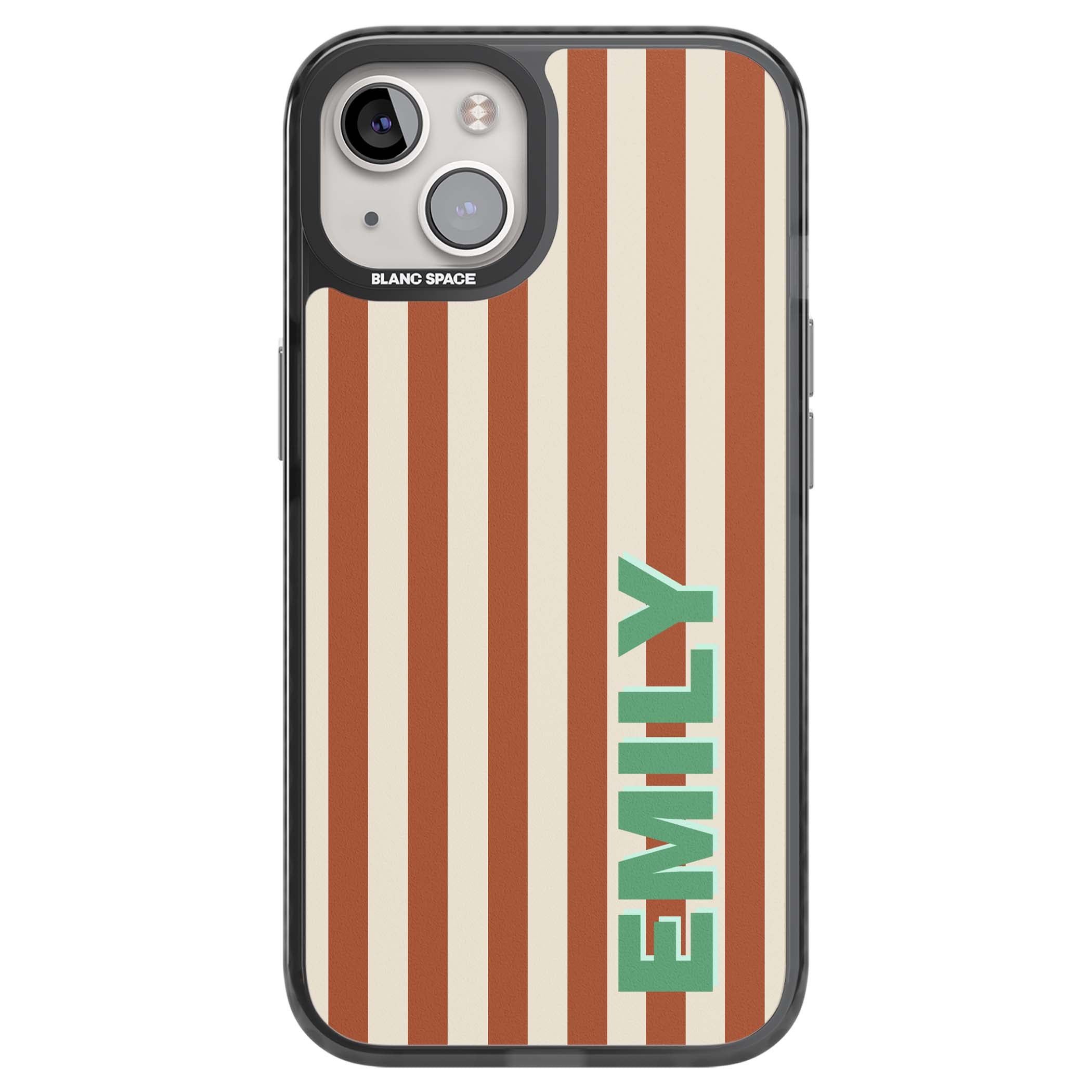 Dune Stripe personalised iPhone case with rust and cream vertical stripes and custom name in mint green | Black Impact case for iPhone 13, iPhone 14, iPhone 15