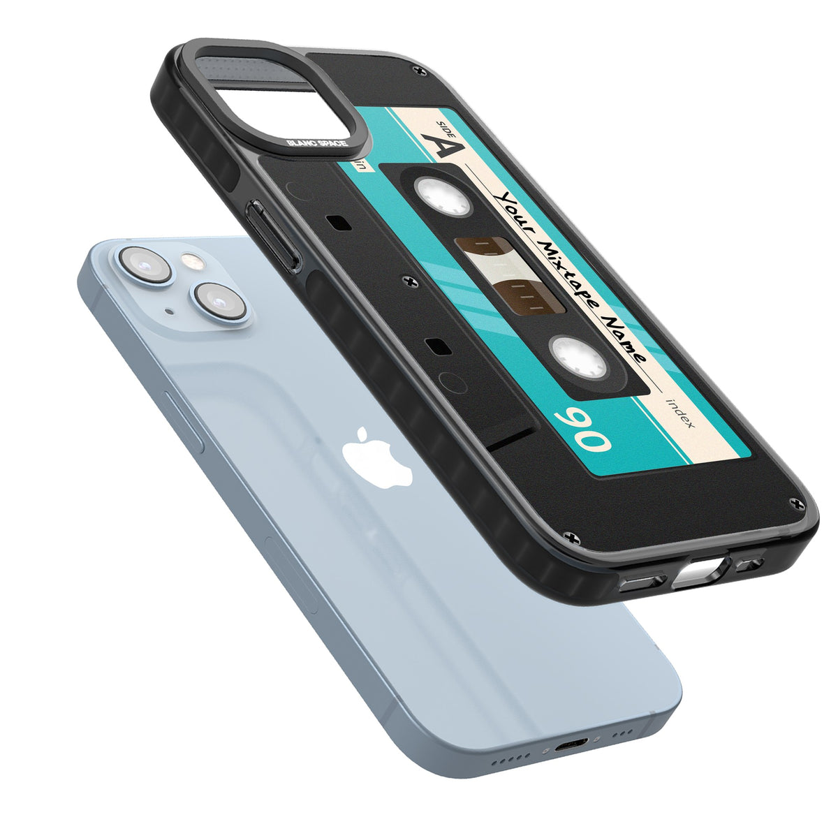 Personalised Retro Mixtape Dark iPhone 12 / 12 Pro / iPhone 13 / iPhone 14 / iPhone 14 Plus / iPhone 15 / iPhone 15 Plus Impact Black Phone Case angled