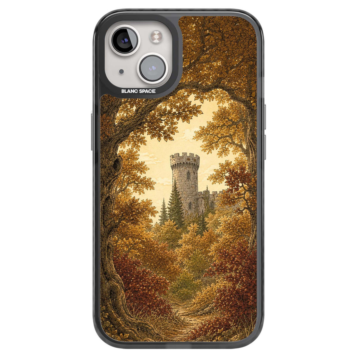 Autumn Keep cottagecore iPhone case featuring a medieval castle tower framed by golden autumn trees and woodland foliage | Black Impact case for iPhone 13, iPhone 14, iPhone 15