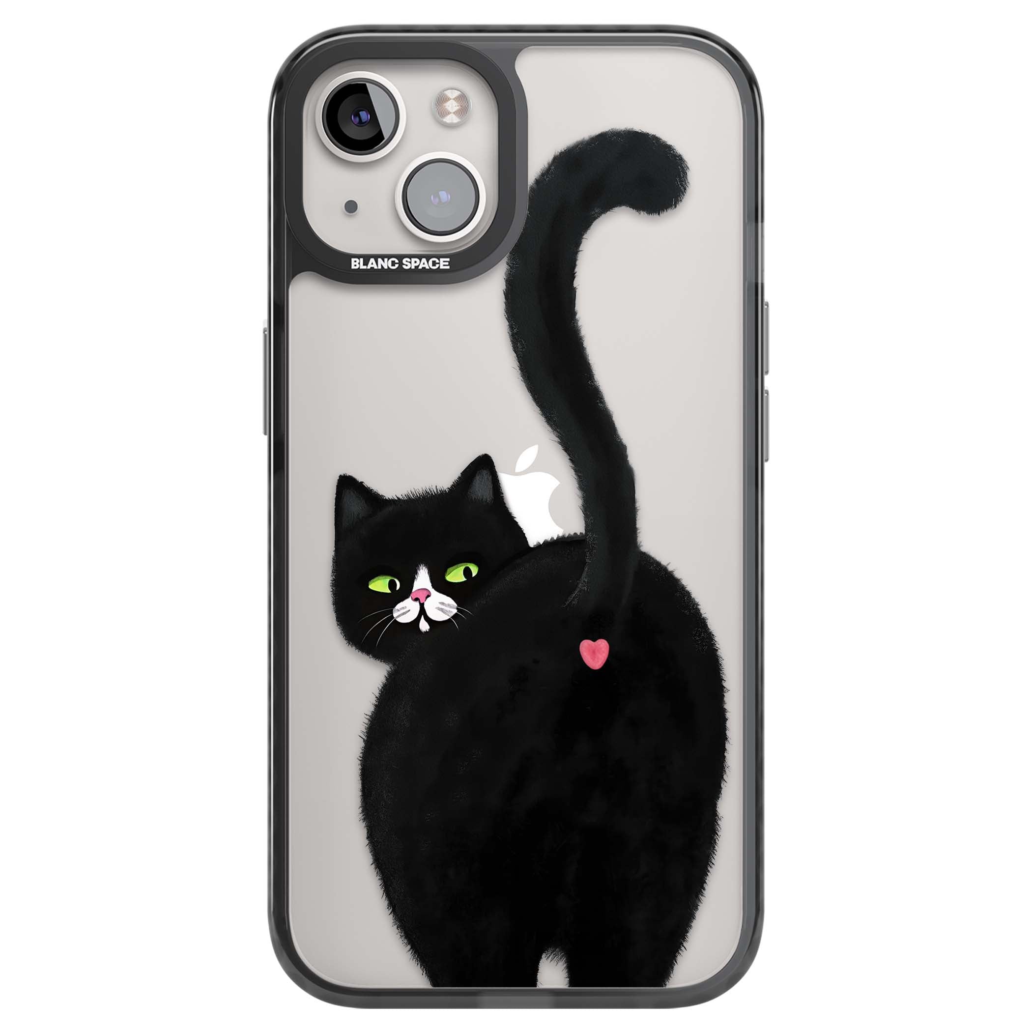 The Cat's Kiss cute cat iPhone case featuring a hand-painted tuxedo kitty with green eyes and a pink heart on a clear | Black Impact case for iPhone 13, iPhone 14, iPhone 15