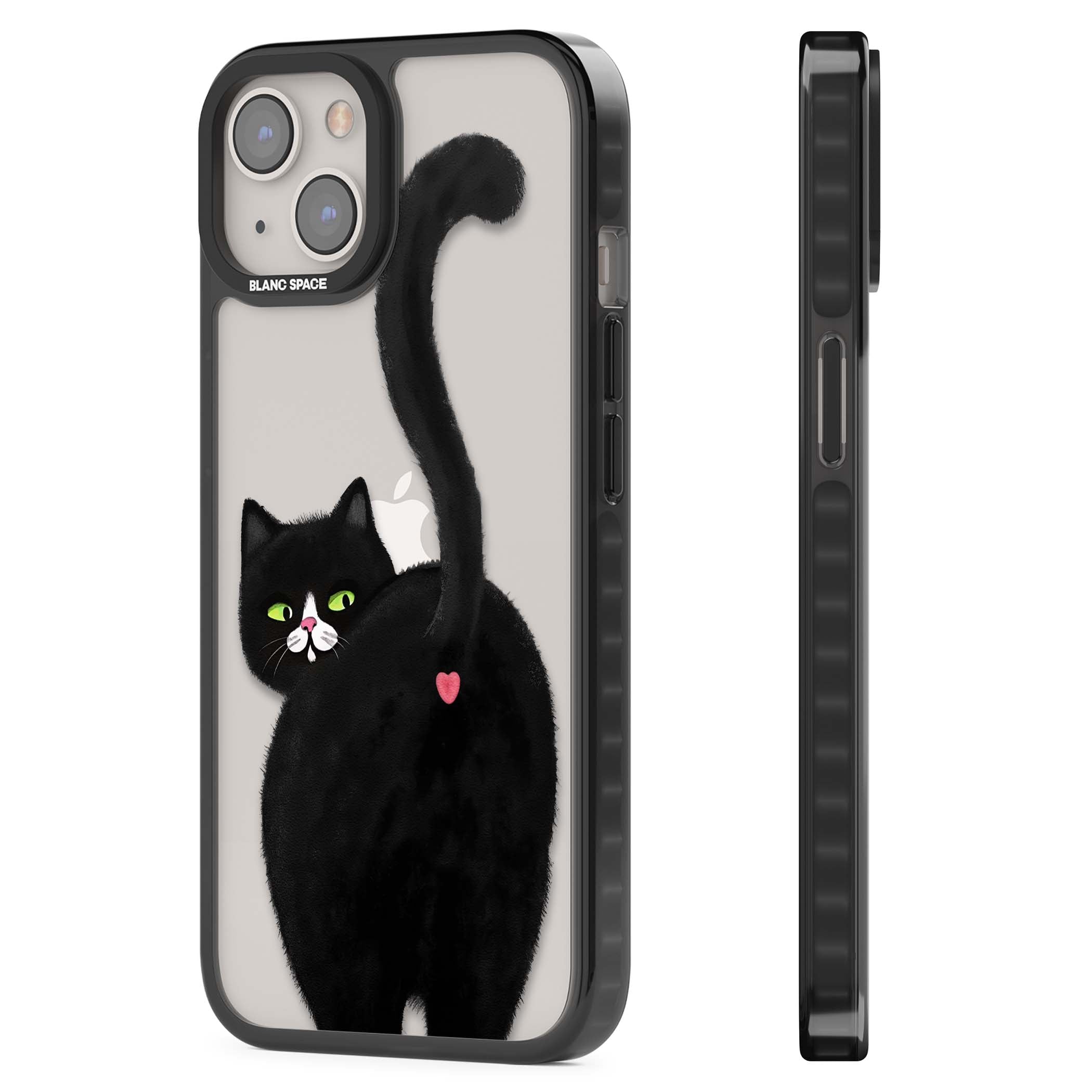 The Cat's Kiss cute cat iPhone case featuring a hand-painted tuxedo kitty with green eyes and a pink heart on a clear | Black Impact case for iPhone 13, iPhone 14, iPhone 15
