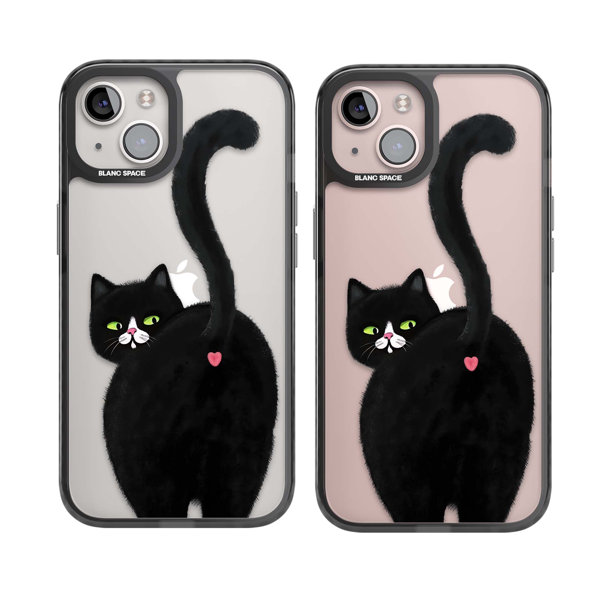 The Cat's Kiss cute cat iPhone case featuring a hand-painted tuxedo kitty with green eyes and a pink heart on a clear | Black Impact case for iPhone 13, iPhone 14, iPhone 15