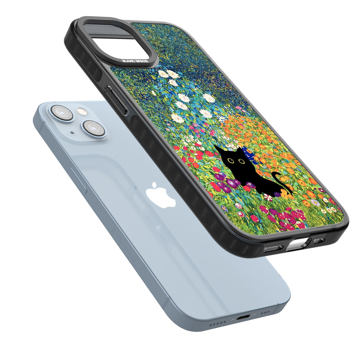 Cat in Klimt's Garden iPhone 12 / 12 Pro / iPhone 13 / iPhone 14 / iPhone 14 Plus / iPhone 15 / iPhone 15 Plus Impact Black Phone Case angled