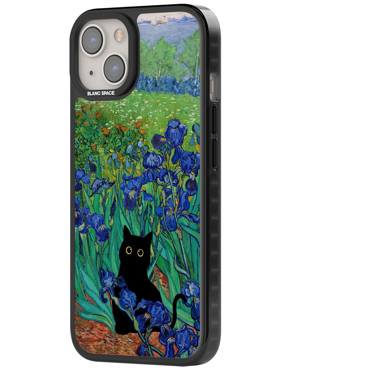 Cat in Van Gogh's Irises iPhone 12 / 12 Pro / iPhone 13 / iPhone 14 / iPhone 14 Plus / iPhone 15 / iPhone 15 Plus Impact Black Phone Case side