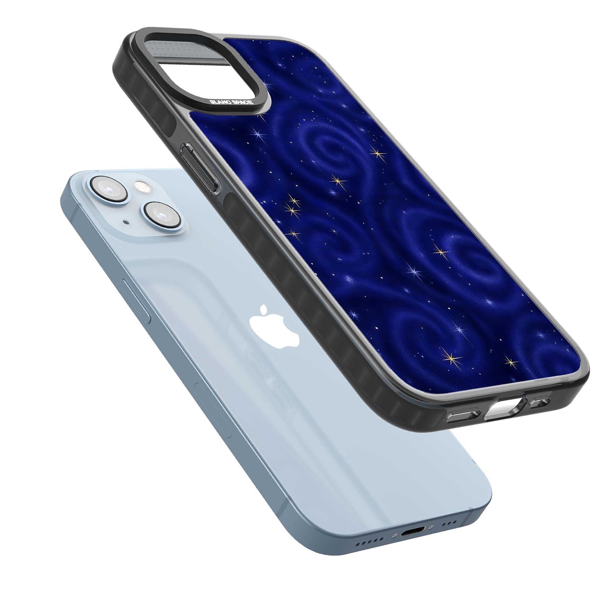 Indigo Cosmos celestial iPhone case featuring swirling navy night sky and sparkling golden stars | Black Impact case for iPhone 13, iPhone 14, iPhone 15