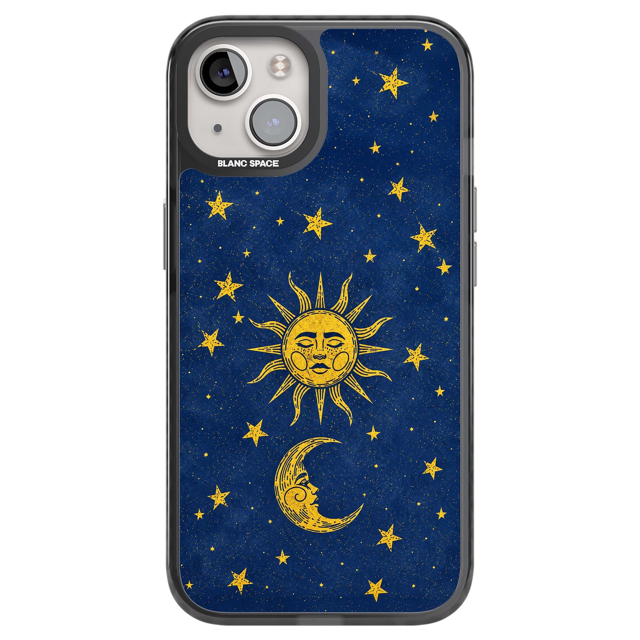 Sun & Moon Reverie celestial iPhone case featuring a vintage golden sun, crescent moon and scattered stars on midnight blue | Black Impact case for iPhone 13, iPhone 14, iPhone 15