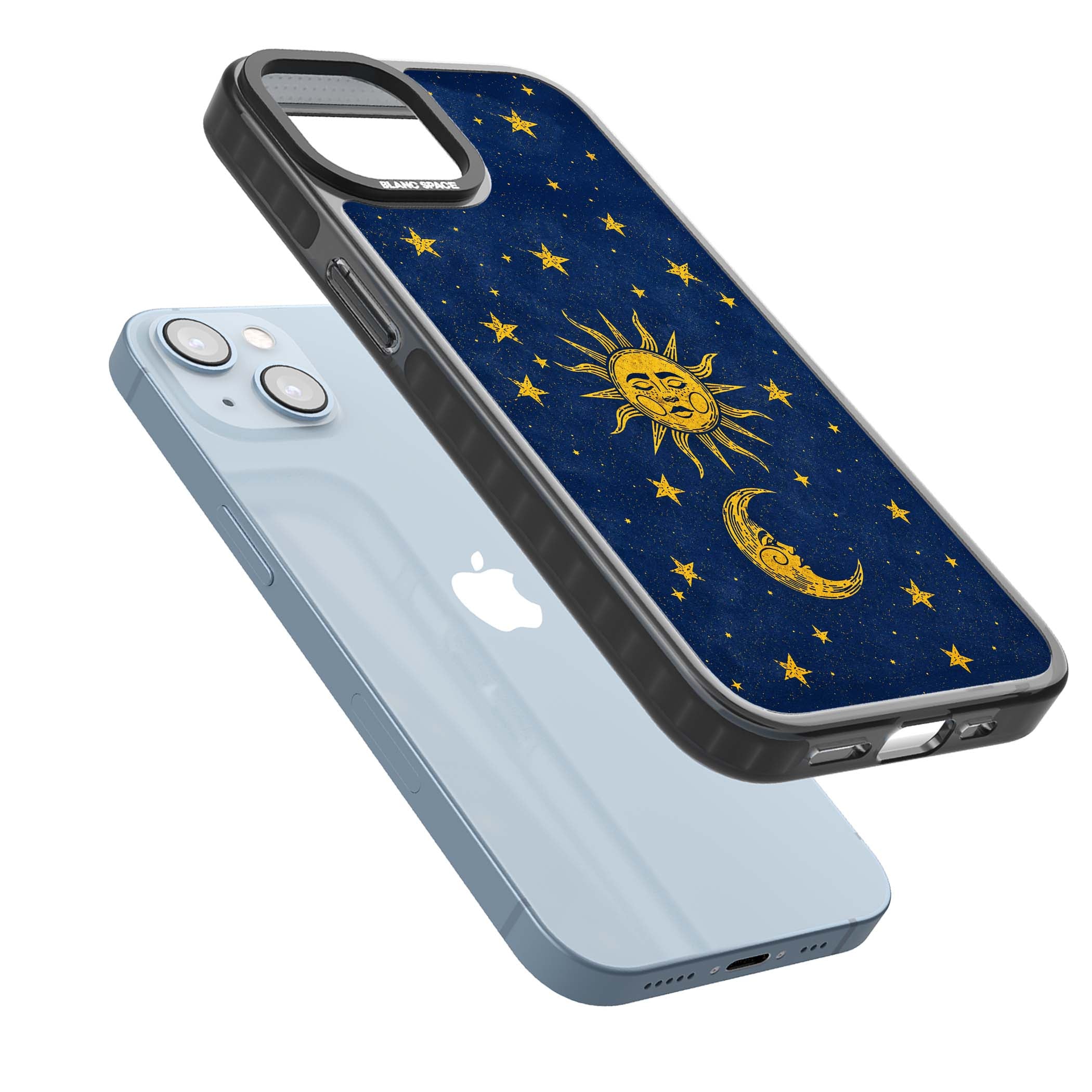 Sun & Moon Reverie celestial iPhone case featuring a vintage golden sun, crescent moon and scattered stars on midnight blue | Black Impact case for iPhone 13, iPhone 14, iPhone 15