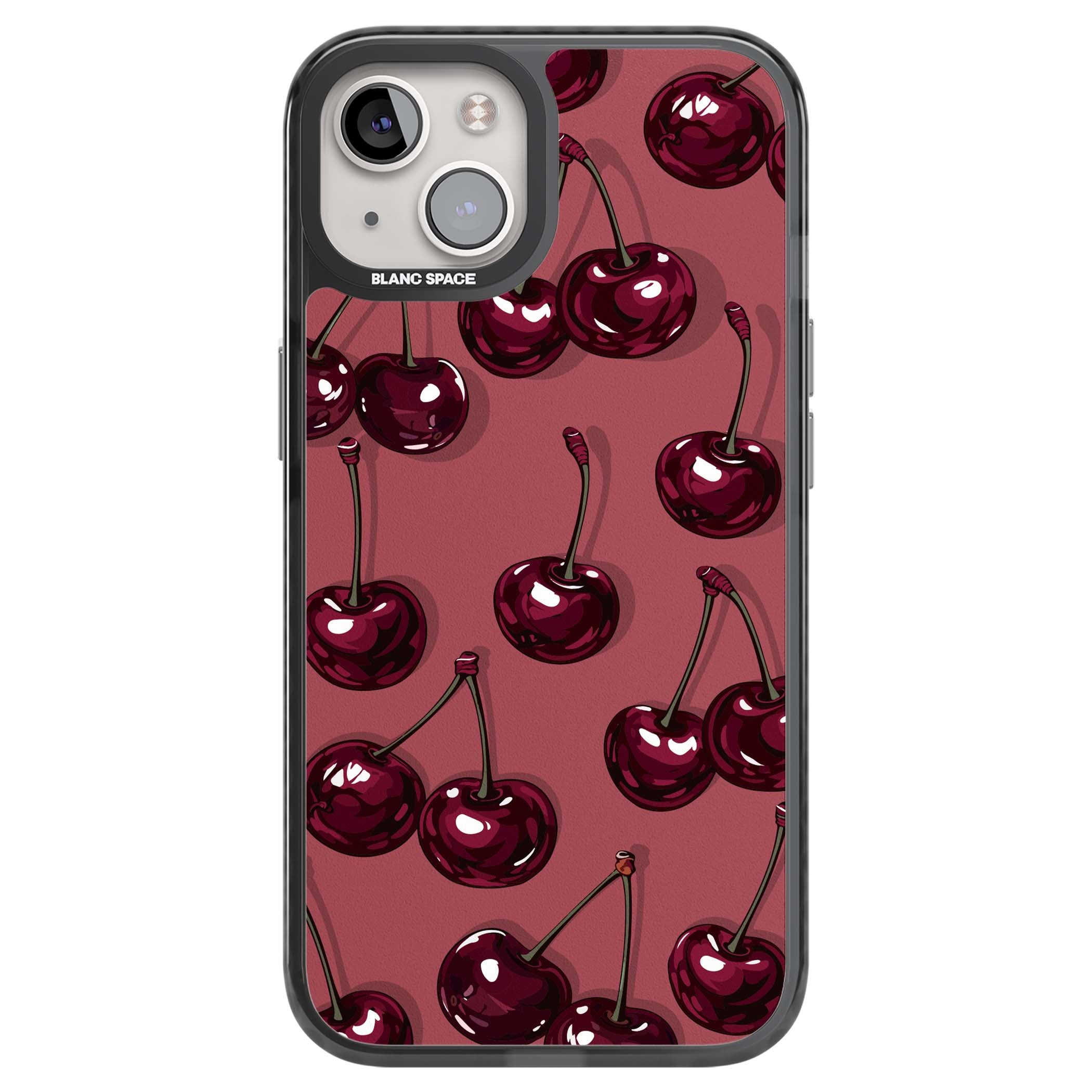 Cherry Rebel coquette iPhone case featuring glossy burgundy cherries on a dusty rose background | Black Impact case for iPhone 13, iPhone 14, iPhone 15